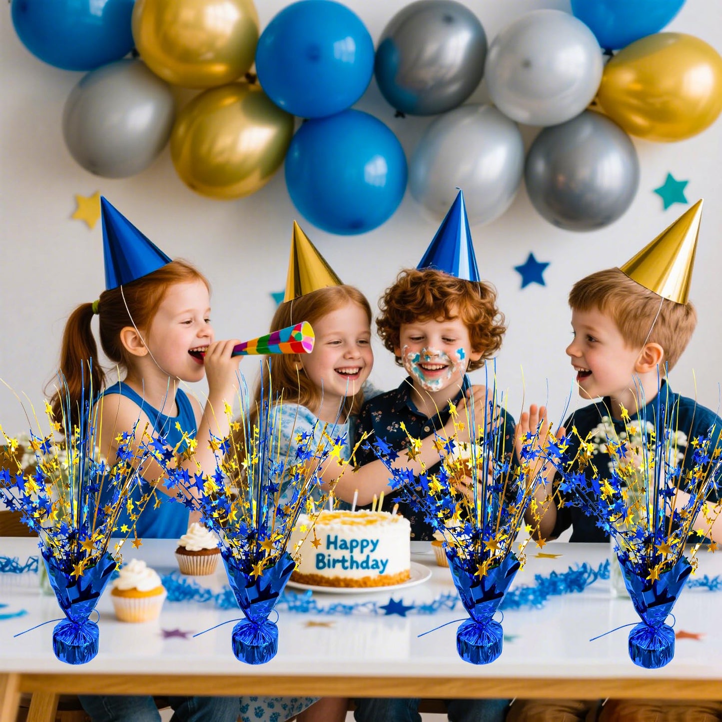 YinNorth 6 Pack Metallic Foil Spray Table Centerpiece Decoration Star Brust Glitter Table Topper Decor for Birthday Graduation Holiday Christmas New Year's Eve Celebration Party Supplies Gold and Blue