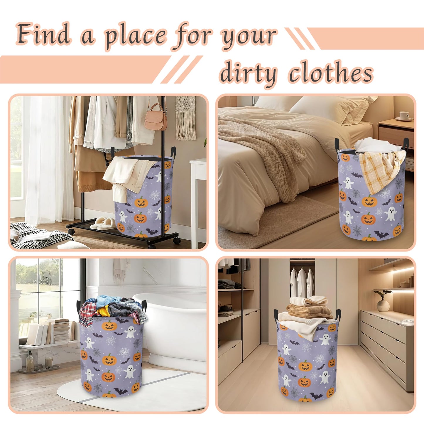 Halloween Ghosts Laundry Hamper with Handles,Pumpkins Bats Collapsible Waterproof Storage Basket for Dirty Clothes Books Round Organizer Bin for Bathroom Bedroom College Dorms 16" x 20.8"