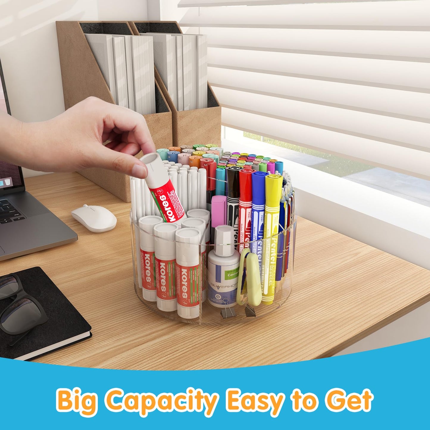Mefirt Acrylic Pen Holder, 360 Degree Rotating Pen Organizer, Rotating Desk Acrylic Office Organizer with 6 Compartments, Marker Organizer for Kid, Crayon Caddy School Art Supply Storage Organizer