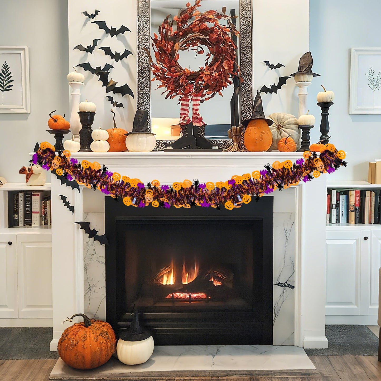 Halloween Garland Decorations,50Ft Glitter Tinsel Pumpkin Bats Spider Garland Decor for Tree Car Golf Cart Parade Float Indoor Outdoor Holiday Home Burnt Orange Black Purple (Purple)