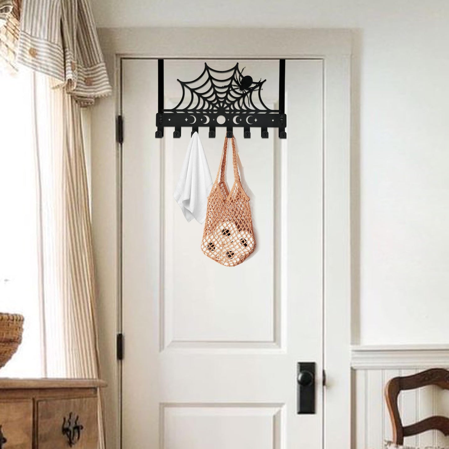 Gothic Spider Web Over The Door Hooks - 8-Hook Set with Moon Phase & Cross Design for Halloween Spooky Bathroom Decor | Metal Towel Hanger for Goth Home Accessories | Halloween Gothic Wall Organizer