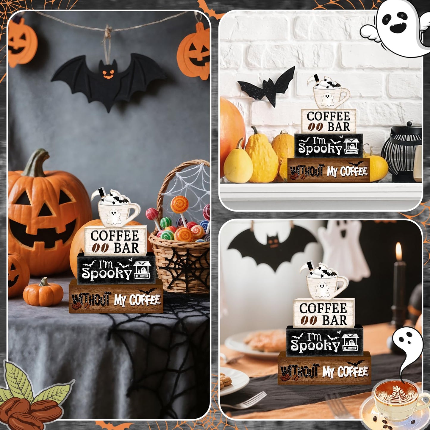 Britimes 4 Pcs Halloween Decorations for Home Coffee Ghost Table Decor Ghost Cup Tiered Tray Decorations Set Gift Rustic Farmhouse Tabletop Decor for Table & Home Office