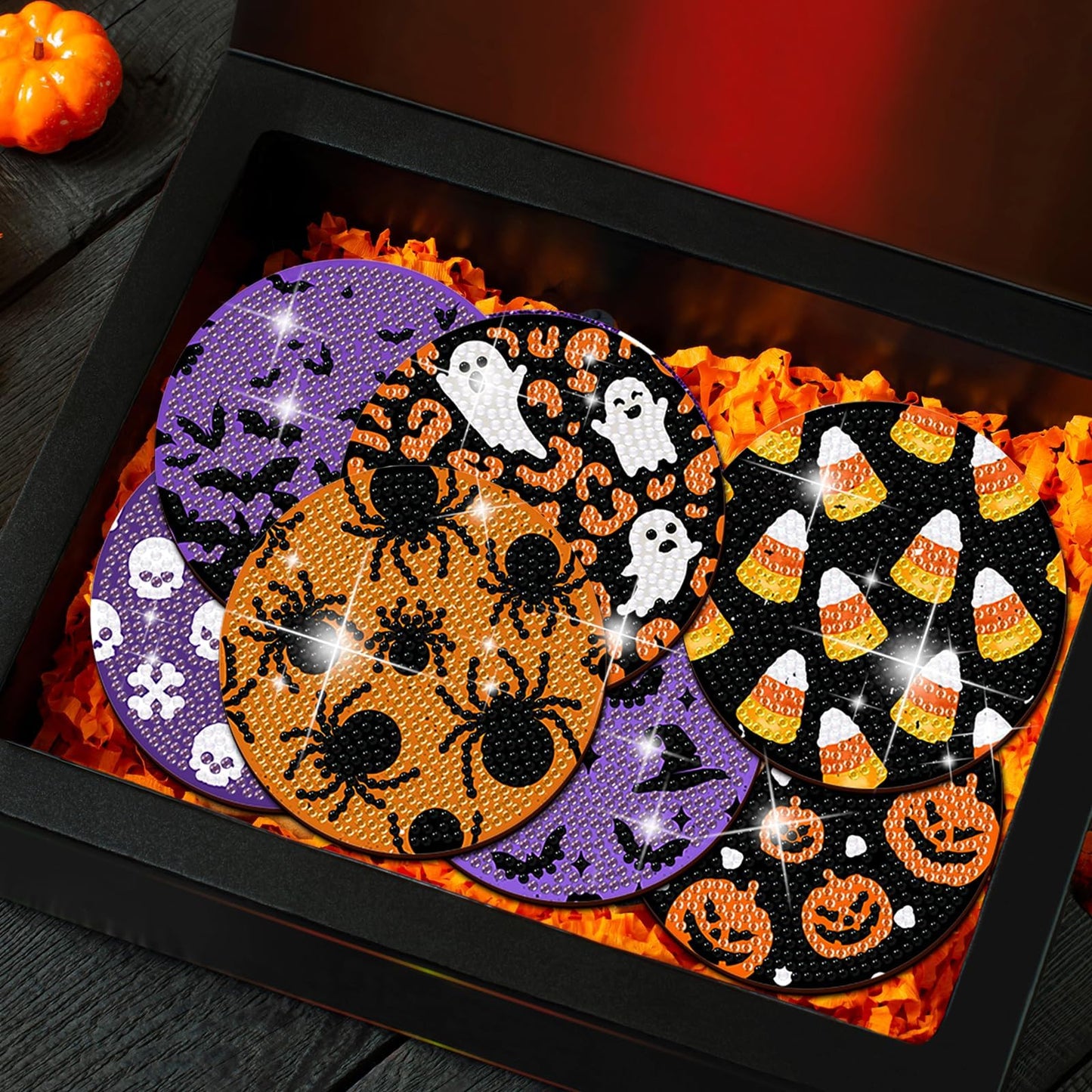 8 PCS Halloween Coasters with Holder - DIY Diamond Art Kit for Beginners, Adults, Kids (Halloween-2)