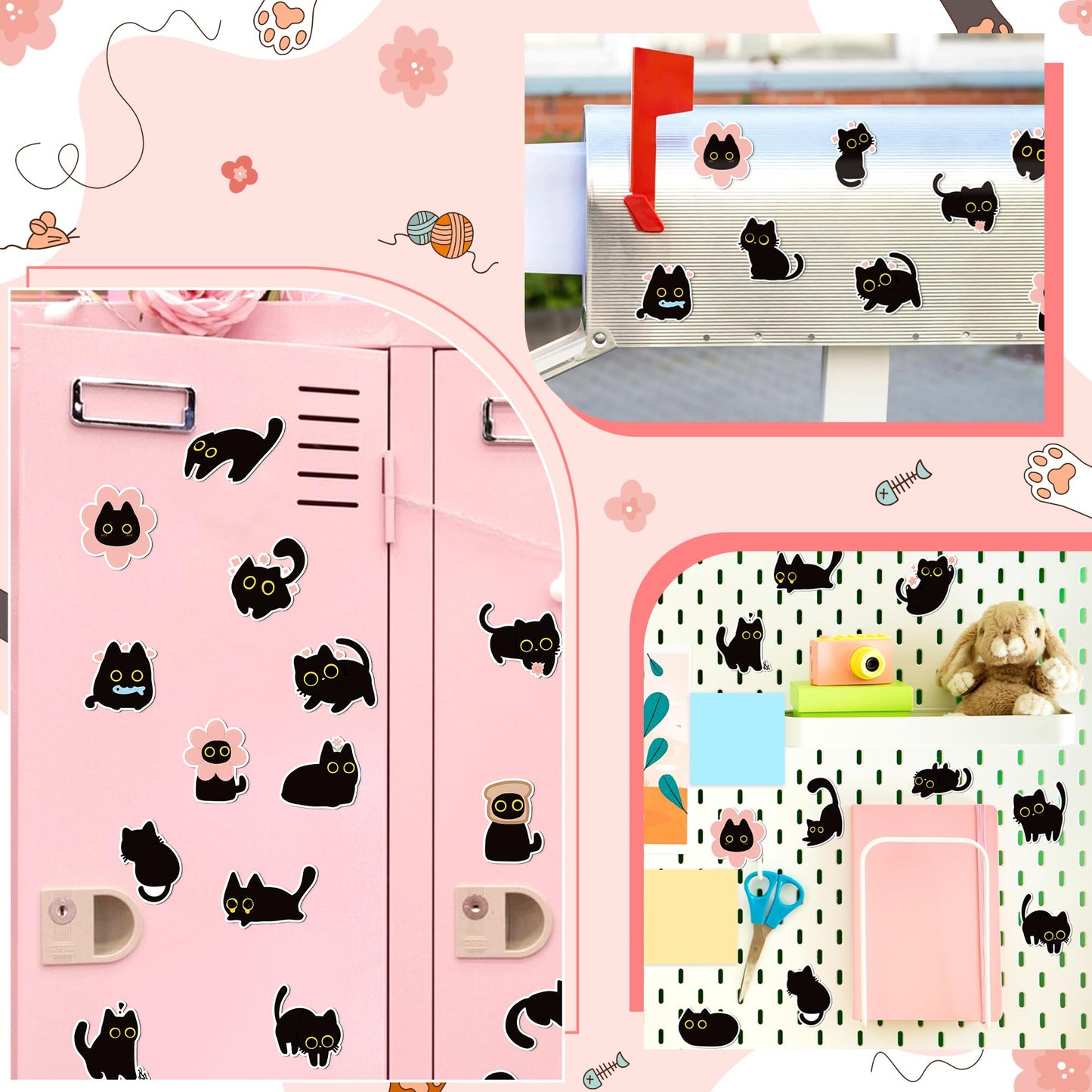 MALLMALL6 24Pcs Cute Black Cat Fridge Magnets, Novelty Gift for Cat Lover, Spring Refrigerator Magnetic Sticker Decor Accessories with Flower Bread Fish for Home Kitchen Office Locker Mailbox Door