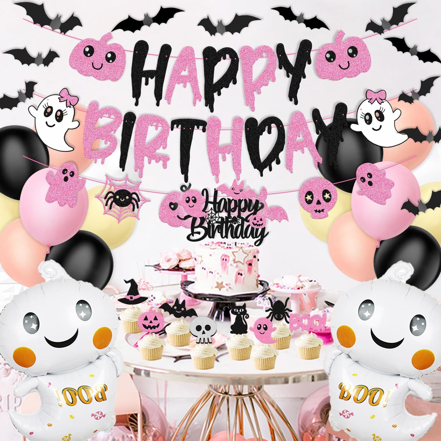 67 Pcs Halloween Birthday Decorations Pink Black Birthday Banner Cake Topper Cupcake decoration Bat Wall Stickers Halloween Theme Balloons Happy Bday Party Supplies