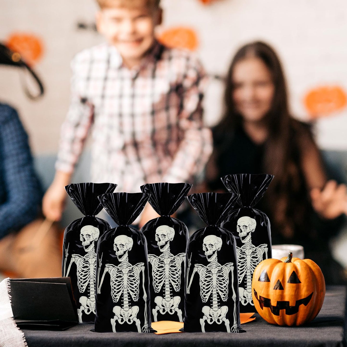 Whaline 150 Pcs Halloween Cellophane Gift Bags with 200 Pcs Twist Ties Funny Skeleton Party Favor Bags Candy Goodie Treat Bags for Trick or Treat Birthday Party Supplies