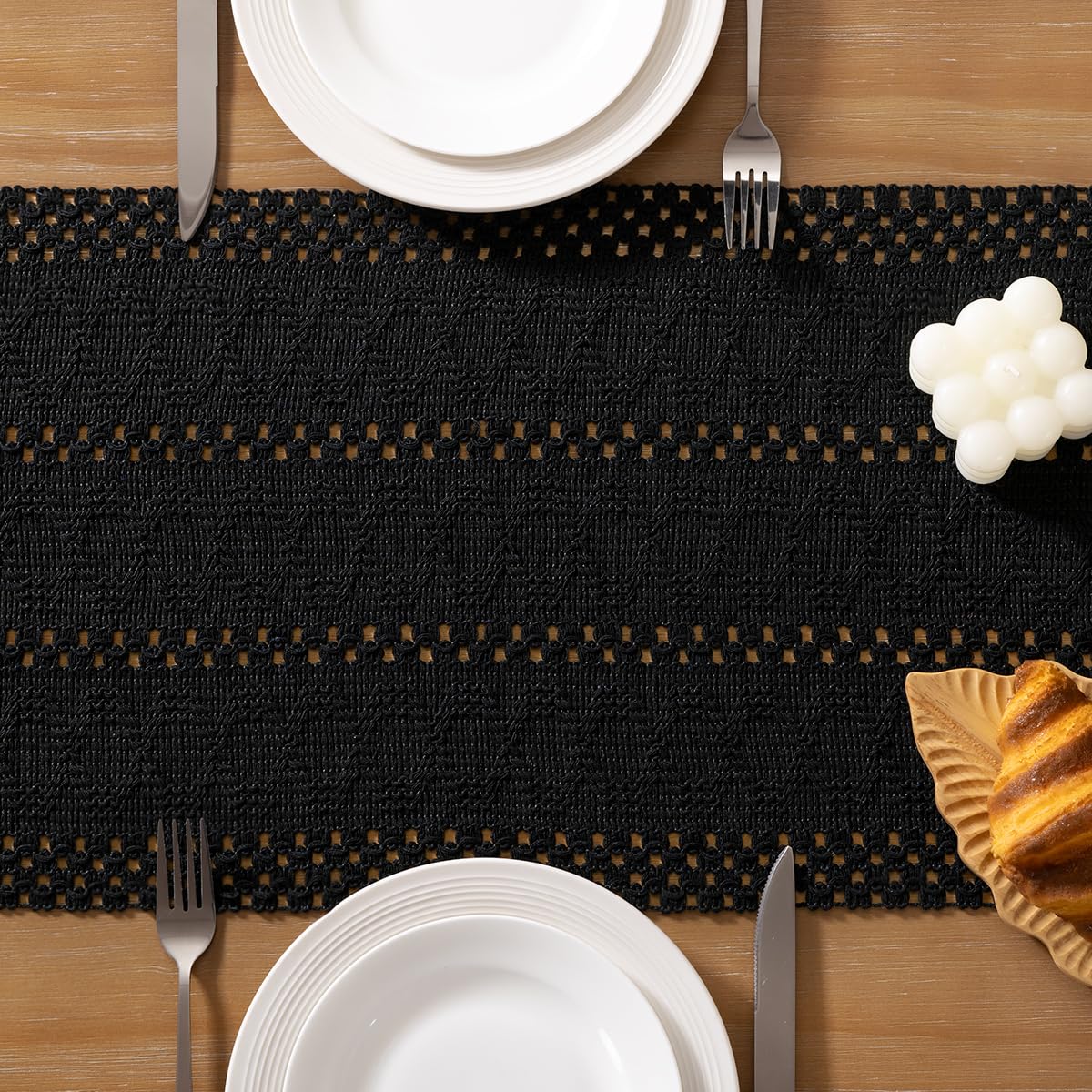Socomi Boho Table Runner Summer Farmhouse Rustic Dining Kitchen Centerpiece Decor Small Macrame Woven Cotton Linen Coffee Table Runner for Dresser Scarf Home Decor 12x36 inch Black