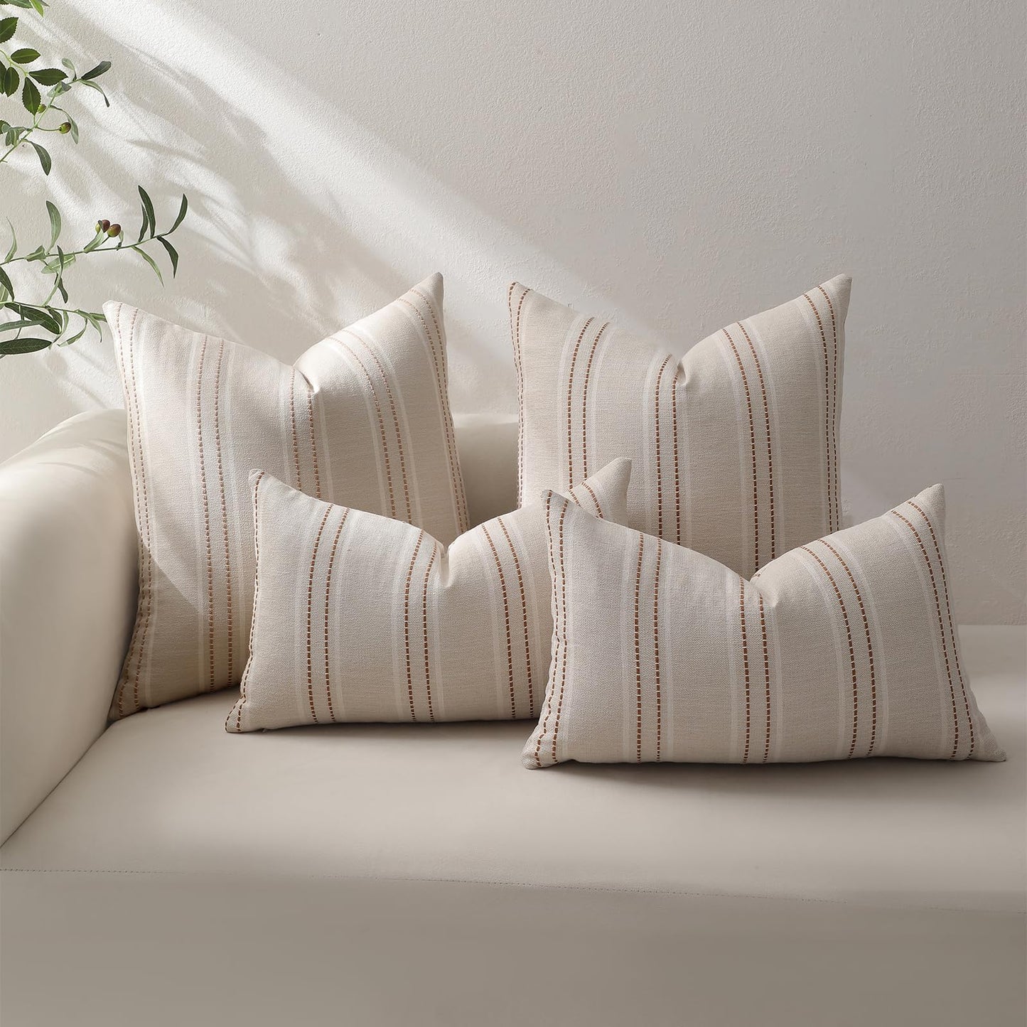 Hckot Fall Throw Pillow Covers 18x18 Set of 2 Striped Pillow Covers Textured Linen Decorative Pillows Square Cushion Covers for Sofa Couch Bed Living Room Farmhouse Decor(Caramel)
