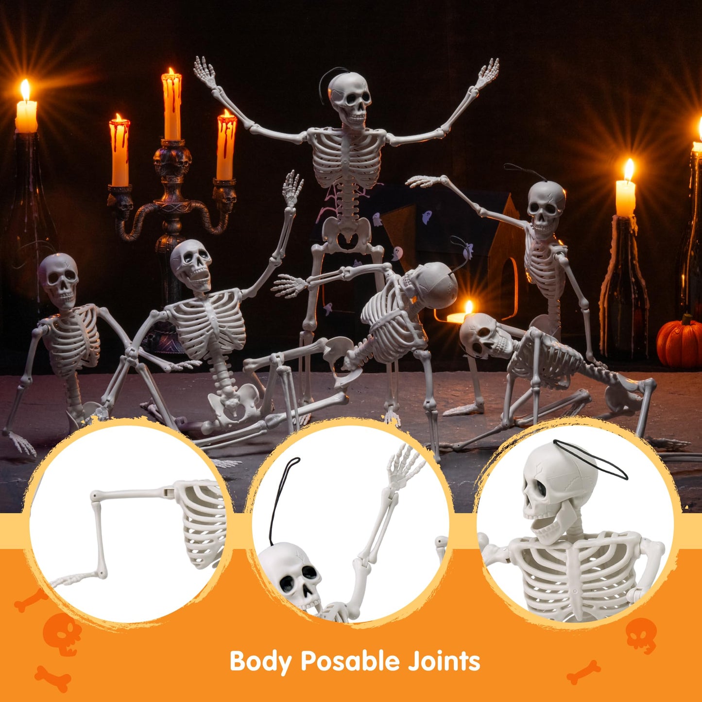 JOYIN 6 PCS 16" Halloween Skeleton Decor, Full Body Posable Movable Joints, Hanging Skeletons for Halloween Decoration Indoor Outdoor, Graveyard Haunted House Prop, Spooky Scene Party Favor