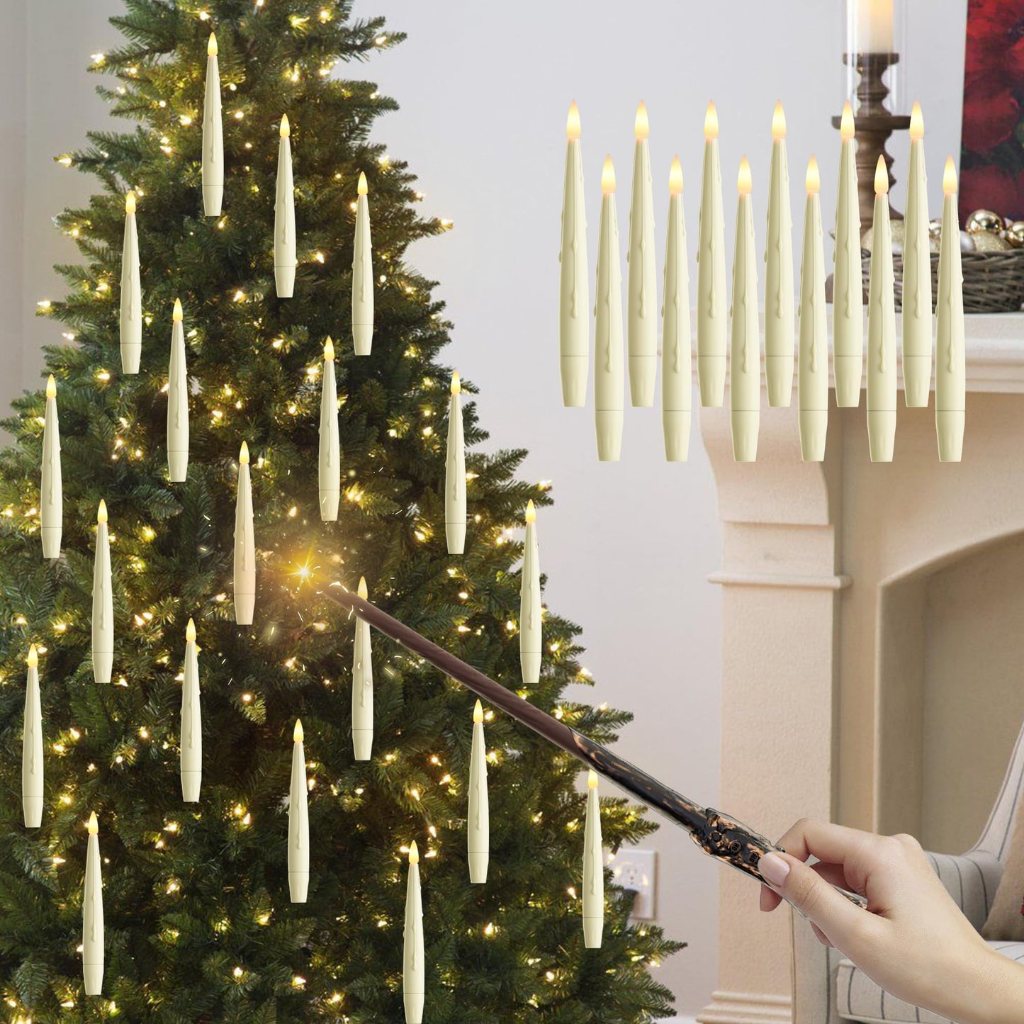 JOIONE Floating Candles with Wand, 12 Pack Hanging Candles with Magic Wand Remote, Battery Powered Floating Candles with Wand, Flameless Magic Hanging Taper Candles for Xmas Halloween Decor, Ivory