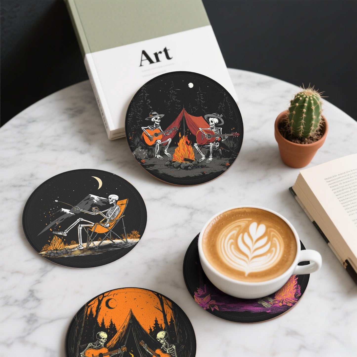 Halloween Skull Coasters Leather Round Drink Coasters 6 Pcs Set with Holderor for Cup Drink Coffee Table Bar Home Decor