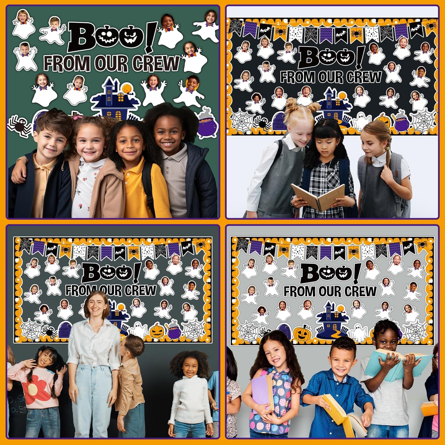 Halloween Ghost Bulletin Board Set Classroom Decorations Pumpkin Castle Paper Cutouts BOO Ghost Pattern Spider Web DIY Photos Bulletin Board Halloween Party Back to School Nursery Classroom Wall Decor