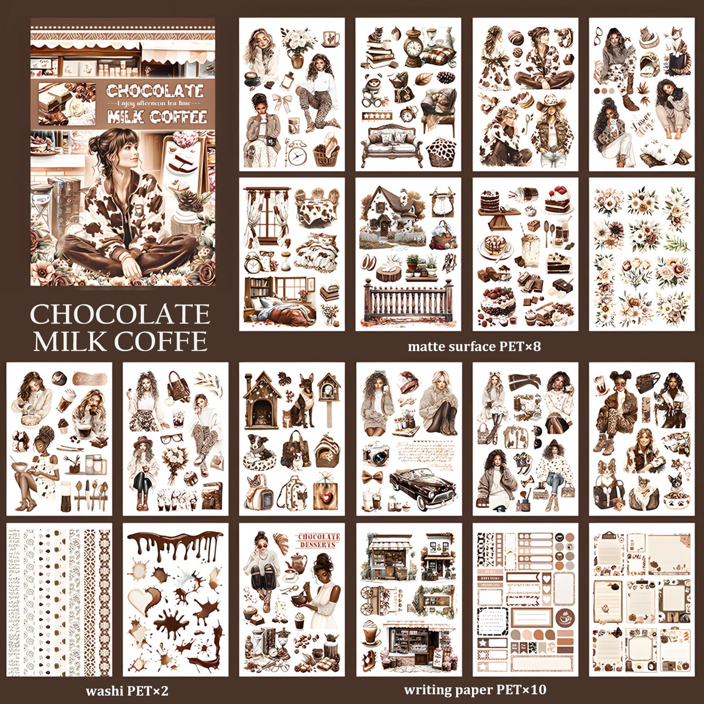 Snycler Chocolate Milk Coffee Theme Sticker Scrapbooking Supplies for Junk Journal, 20 Sheets PET Stickers - Vintage Journaling Stickers, Ephemera Sticker Book Pre Cut, Junk Journal Supplies, Planner