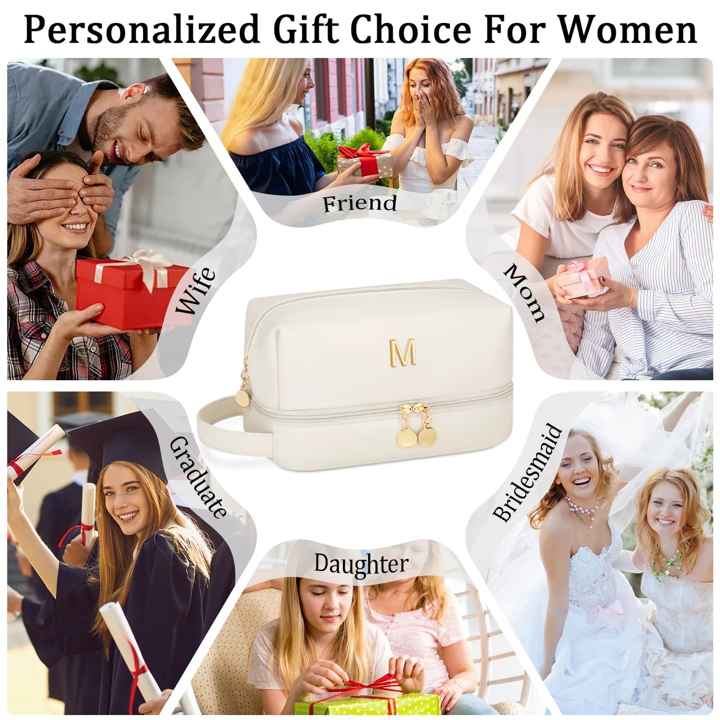 CLOUDWINGS Initial Makeup Bag for Women - Personalized Double Layer Cosmetic Bags with Makeup Brush Organizer, Hanging Travel Toiletry Bag with Large Capacity, Gifts for Mom Girlfriend Wife(Beige M)