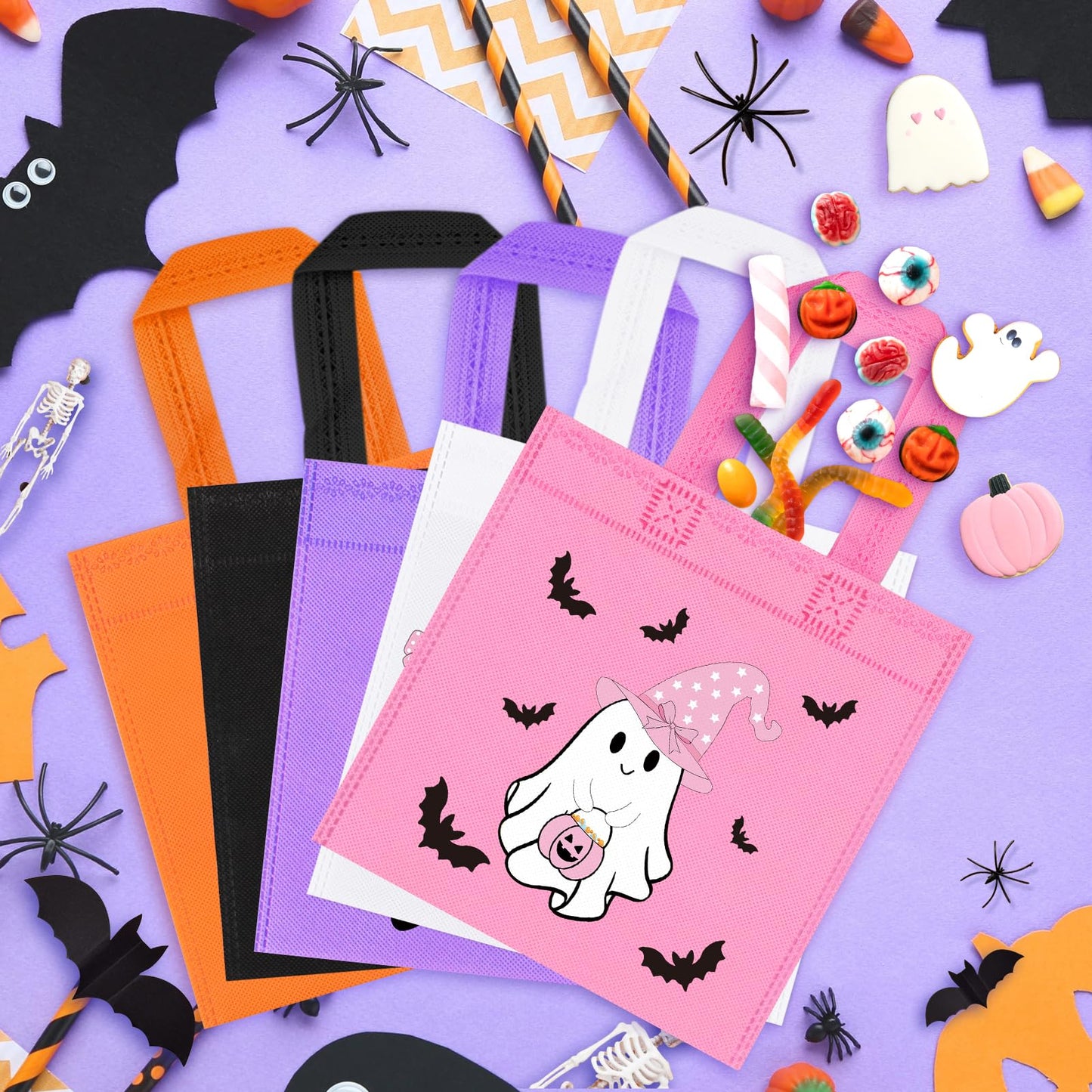 RSCPTOY 20pcs Pink Purple Girl Halloween Treats Bags - Cute Ghost Witch Cauldron NonWoven Candy Bag Gift Tote for Little Boo Baby Shower Party Supplies Summerween Party Decorations