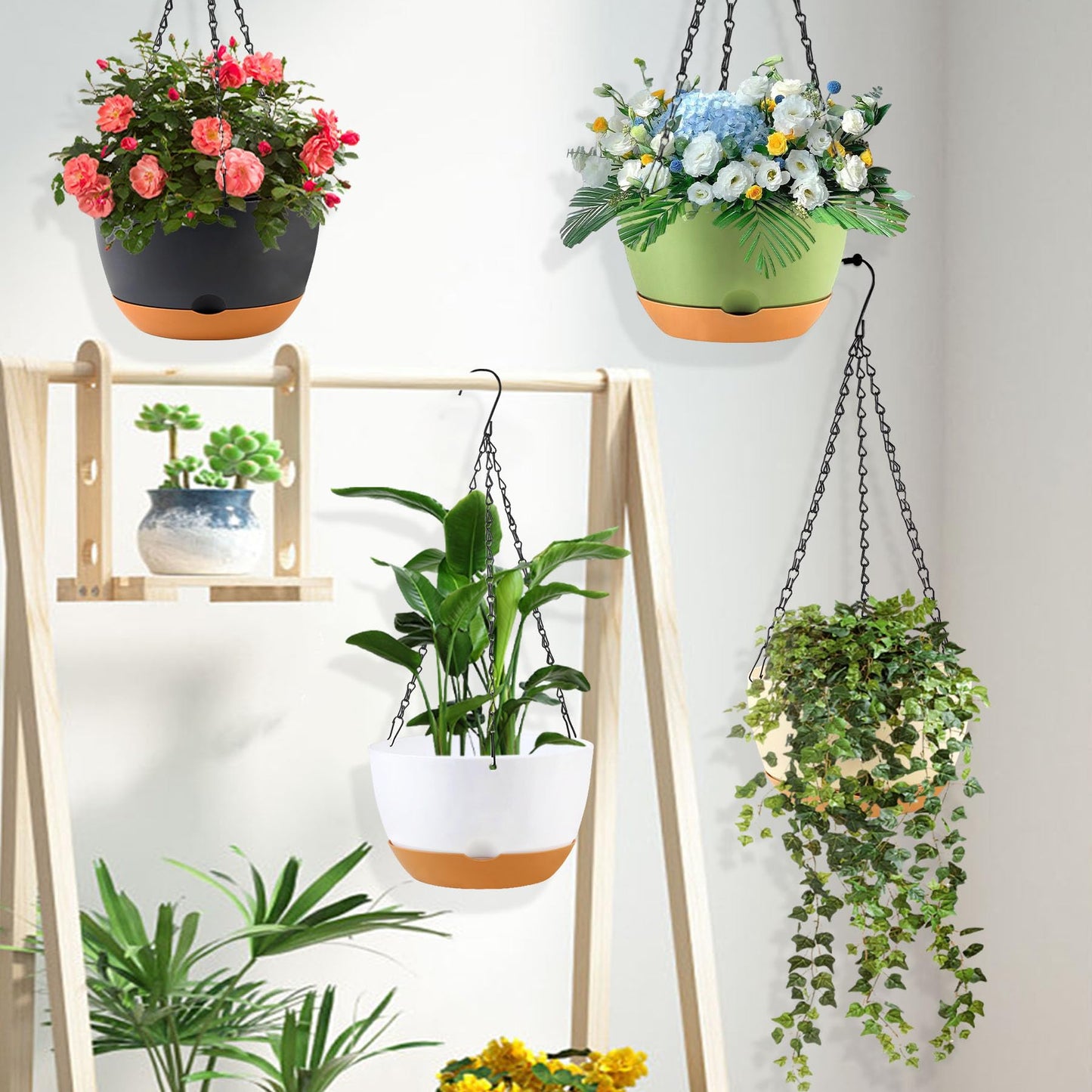KPUVX 10 inch Plant Pot Hanging Planters Self Watering Pots for Indoor Plants, 3 Pack Plastic Hanging Basket with Removable Tray for Home Garden Porch Balcony Patio Decor(Black)