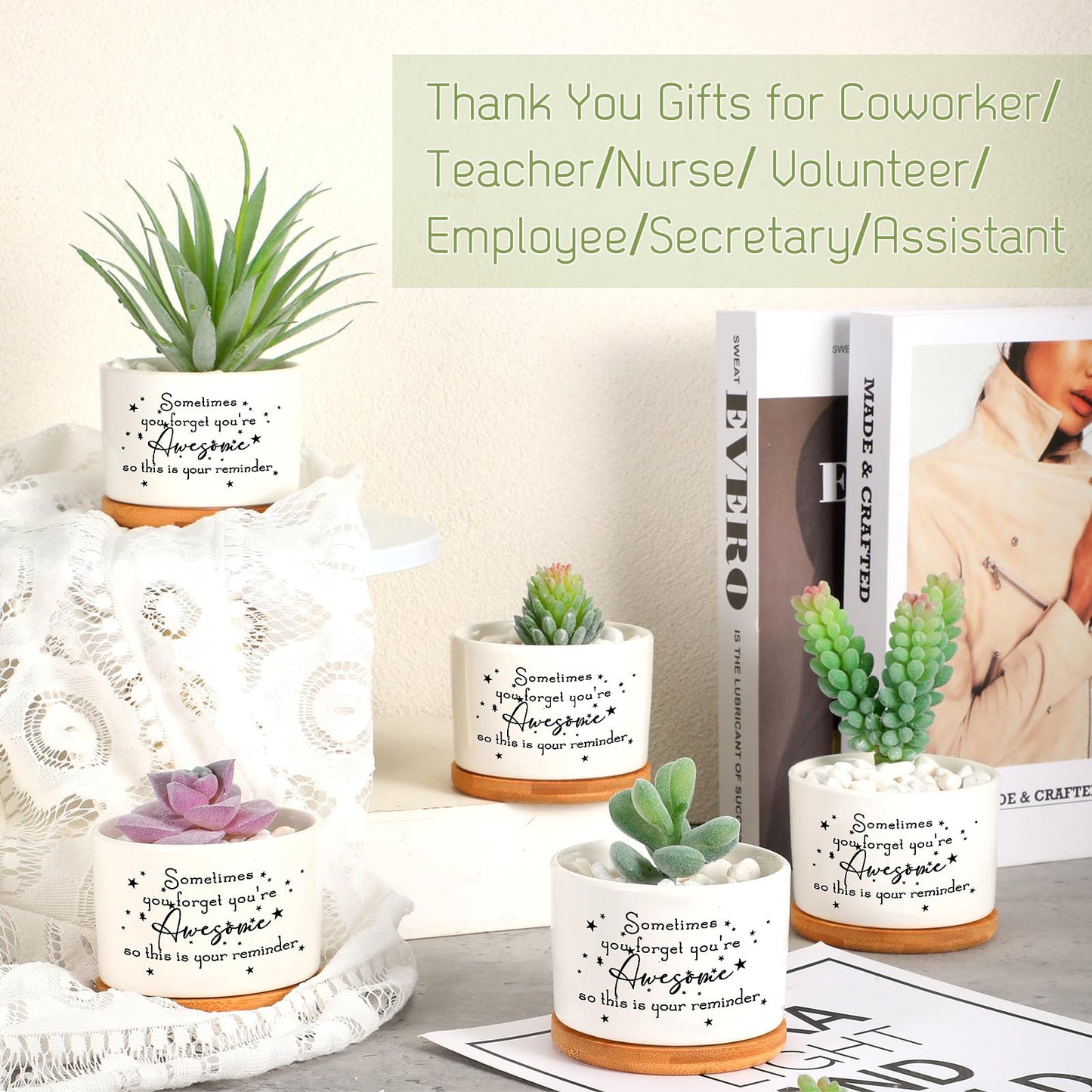 Seewey 12 Pcs Inspirational Succulent Pots Thank You Gift Bulk for Women Employee Teacher Coworker Sometimes You Forget You're Awesome Small Ceramic Plant with Bamboo Trays for Office Staff Graduation