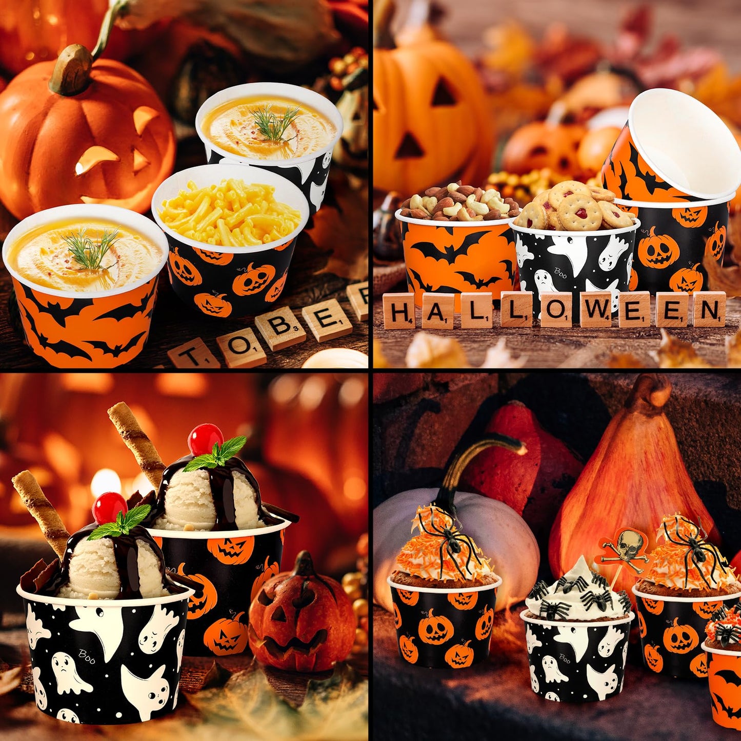Whaline 60Pcs Halloween Treat Snack Cups Grimace Pumpkin Ghost Bat Pattern Disposable Paper Bowls 9oz Orange Black Paper Cups Dessert Ice Cream Bowls for Halloween Movie Party Favor Supplies, 3 Style