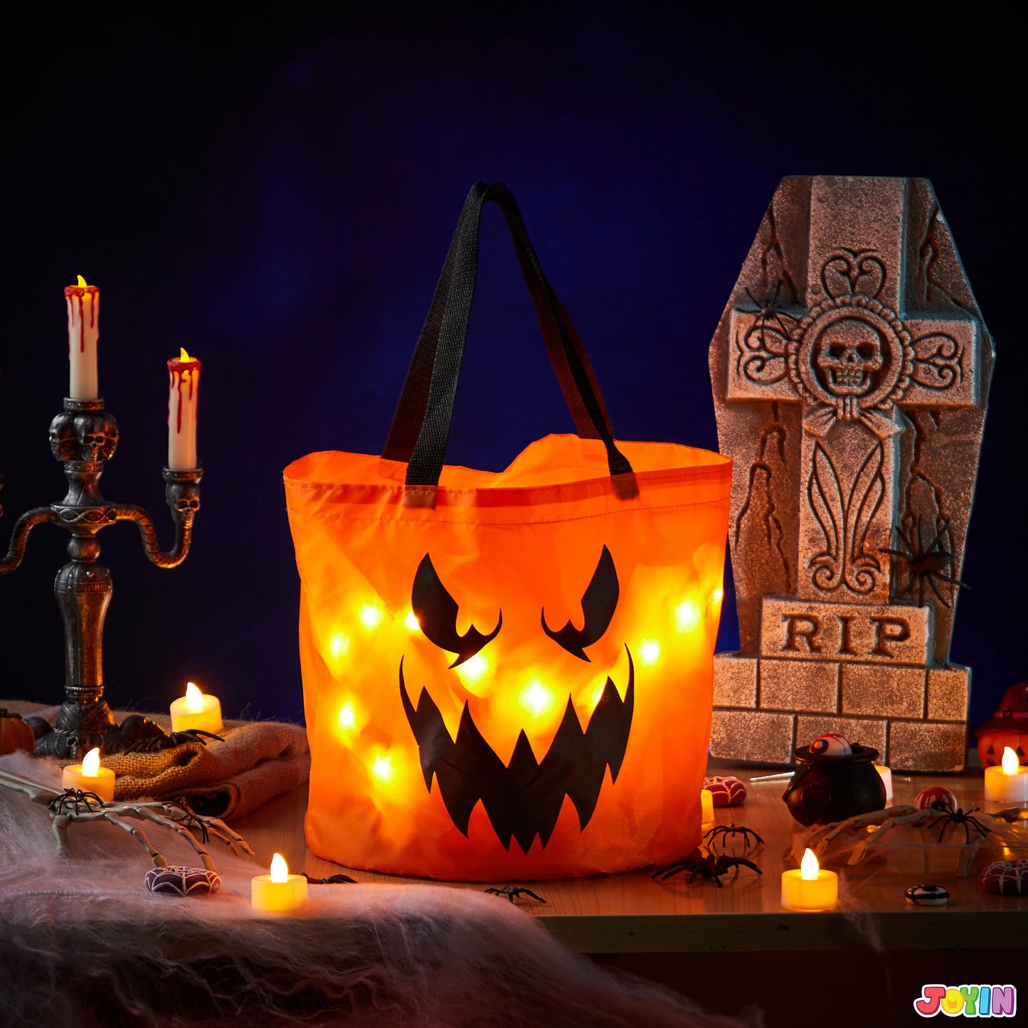 JOYIN 2 PCS Halloween Trick or Treat Bags 10 x 11.8 inches LED Light Orange Pumpkin Buckets Reusable Goody Candy Bucket Trick or Treating, Halloween Birthday Party Favor Supplies