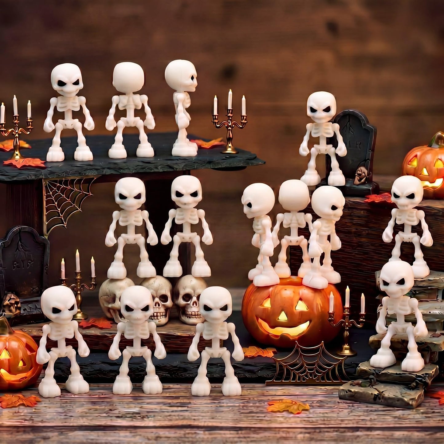 Junkin 50 Pcs Halloween Mini Skeleton Figures Tiny Skulls Cute Design Soft Rubber Skeleton Decorations Miniature Skulls Figures Ornaments for Indoor Fireplace Haunted House Accessories Party