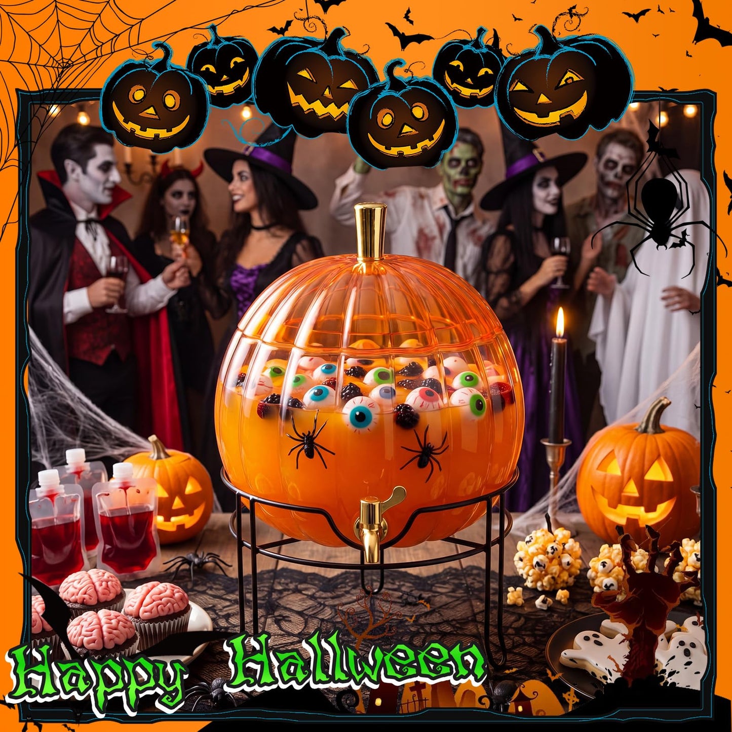 Romooa 1.3 Gallon Halloween Plastic Drink Dispenser with Metal Stand Spigot Pumpkin Shaped Drink Dispenser Beverage Flask with Spigot for Fall Harvest Summer Halloween Autumn Party Supplies(Orange)