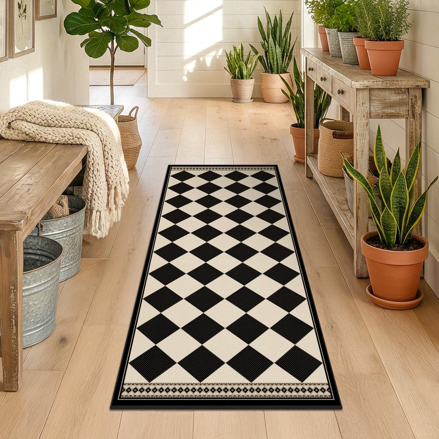 Black and White Checkered 2x5 Easy Jute Laundry Room Rug Runner, Laundry Floor Mat, Washable Non Slip Diamond Boho Carpet for Entryway, Bathroom, Kitchen, Checkerboard Modern Farmhouse Mat