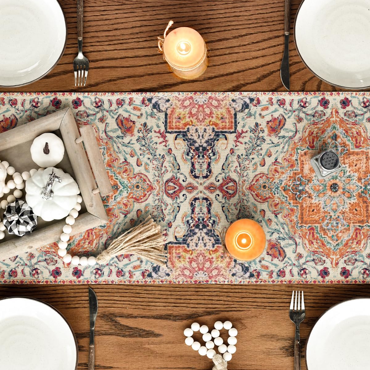 Artoid Mode Boho Bohemia Style Orange Table Runner, Country Rustic Farmhouse Magical Fall Kitchen Dining Table Decoration for Home Party Decor 13x90 Inch