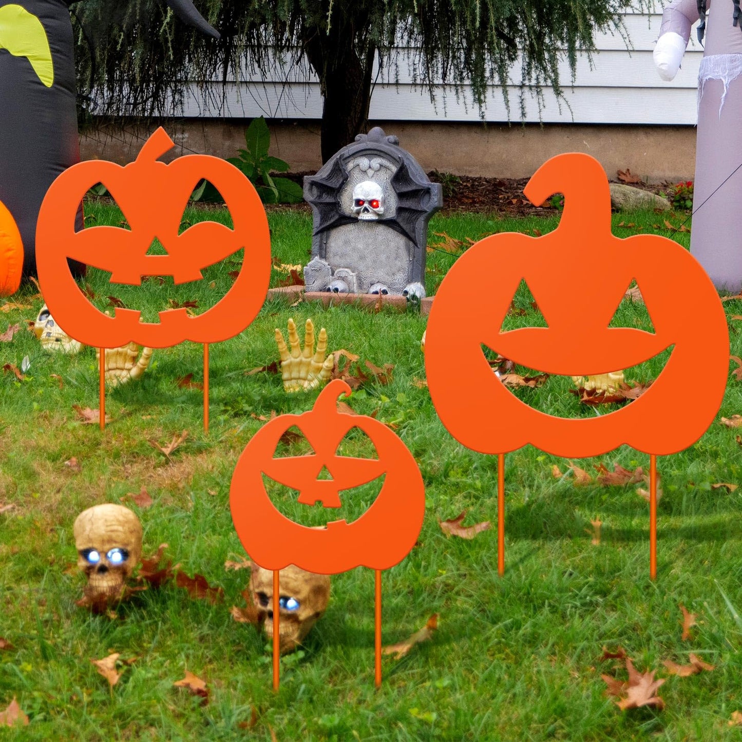Lingvee 3 Pack Halloween Decorations Outdoor Metal Halloween Garden Stakes Metal Ghost Pumpkins Black Cat Yard Signs Decor for Outside Garden Lawn Porch Patio Party Decorations(Pumpkin Style)