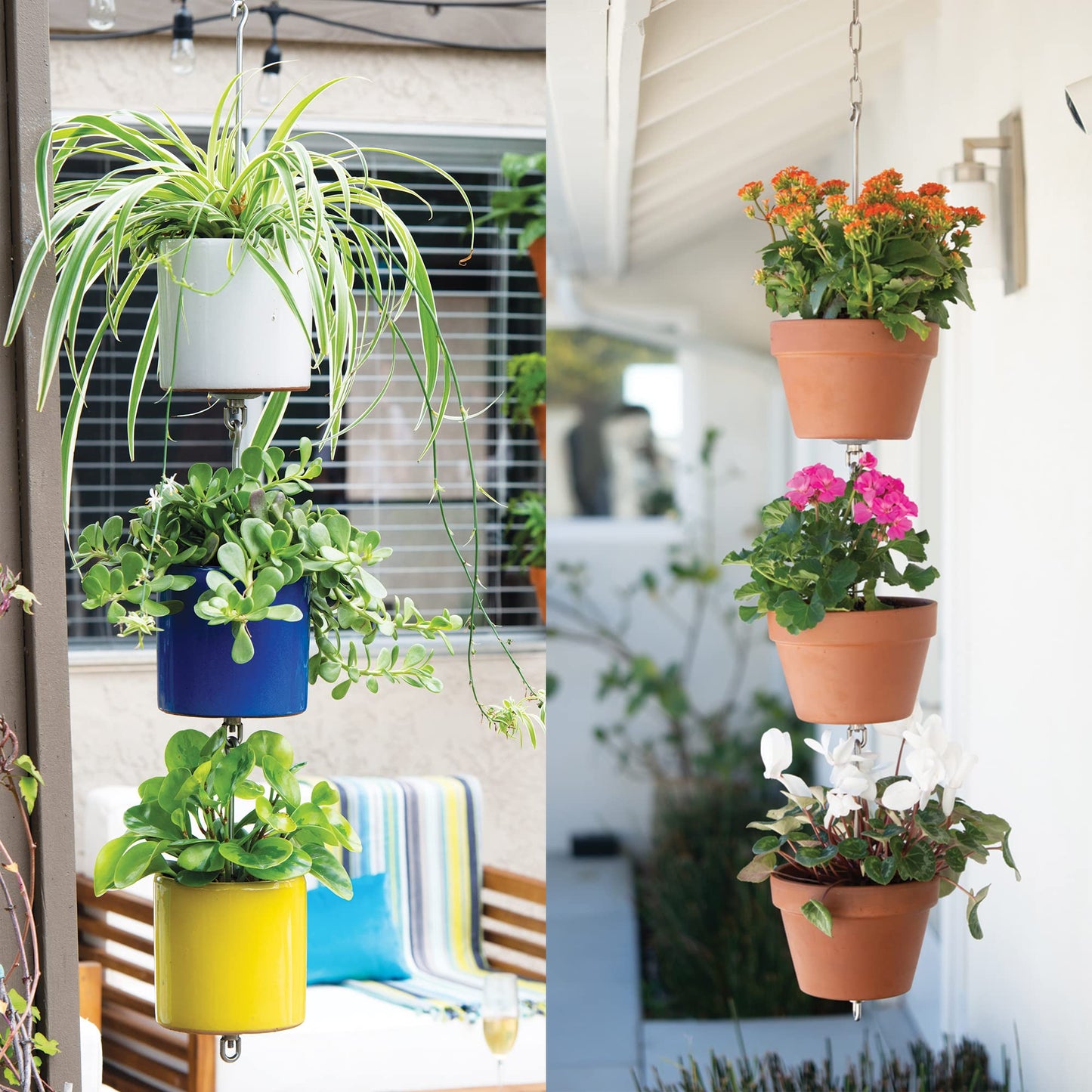 SkyPots — Three Pack, Pot Hanger Kits + Accessories - Hang and Connect Your Clay Pots, Stainless Steel - Indoor Outdoor - Connectable Hanging Planter Vertical Garden w/Drainage for Healthy Plants