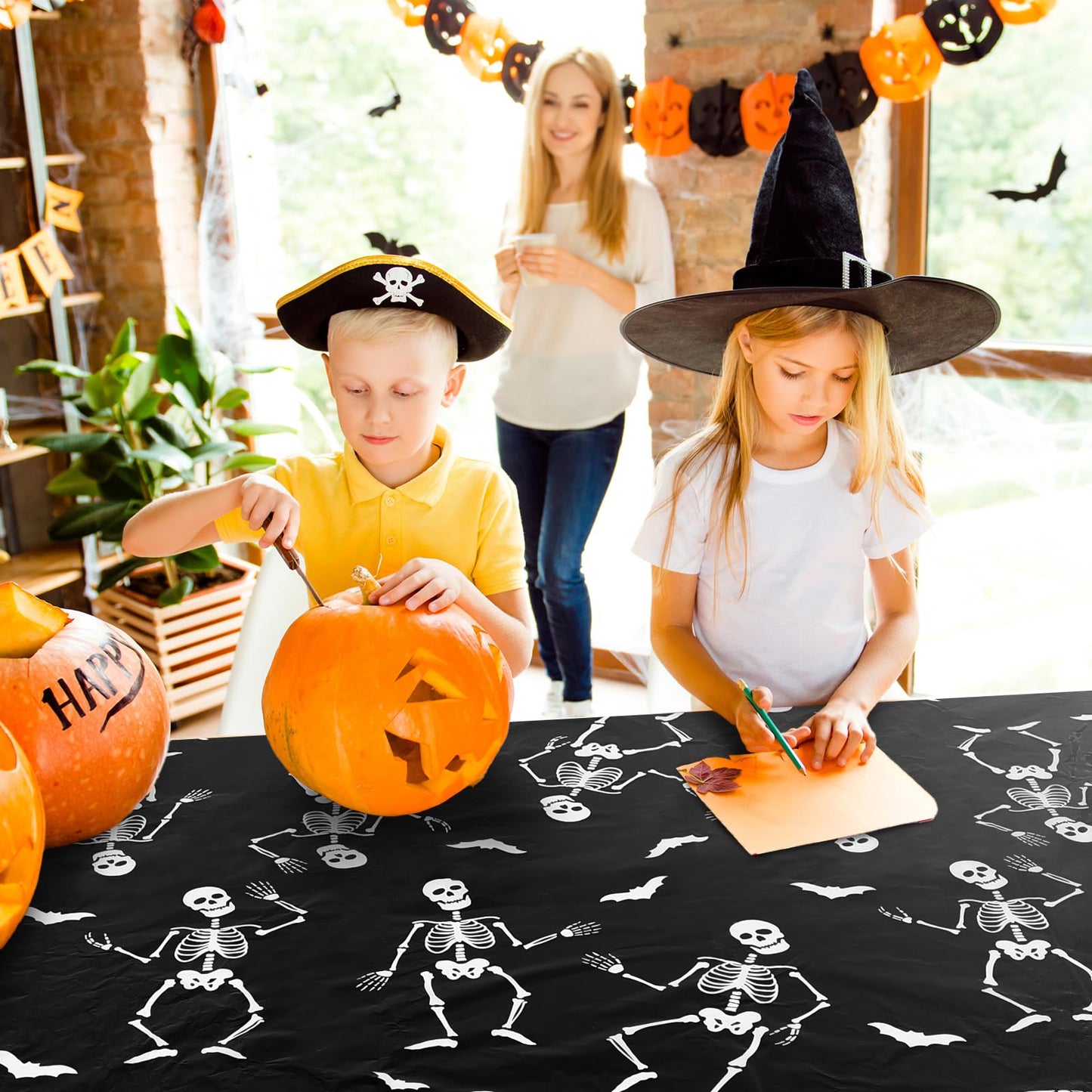 JarThenaAMCS 6 Pcs Halloween Plastic Tablecloth Funny Dancing Skeleton Table Cover Black White Disposable Table Cloth for Halloween Party Home Kitchen Dining Decor, 54 x 108 Inch