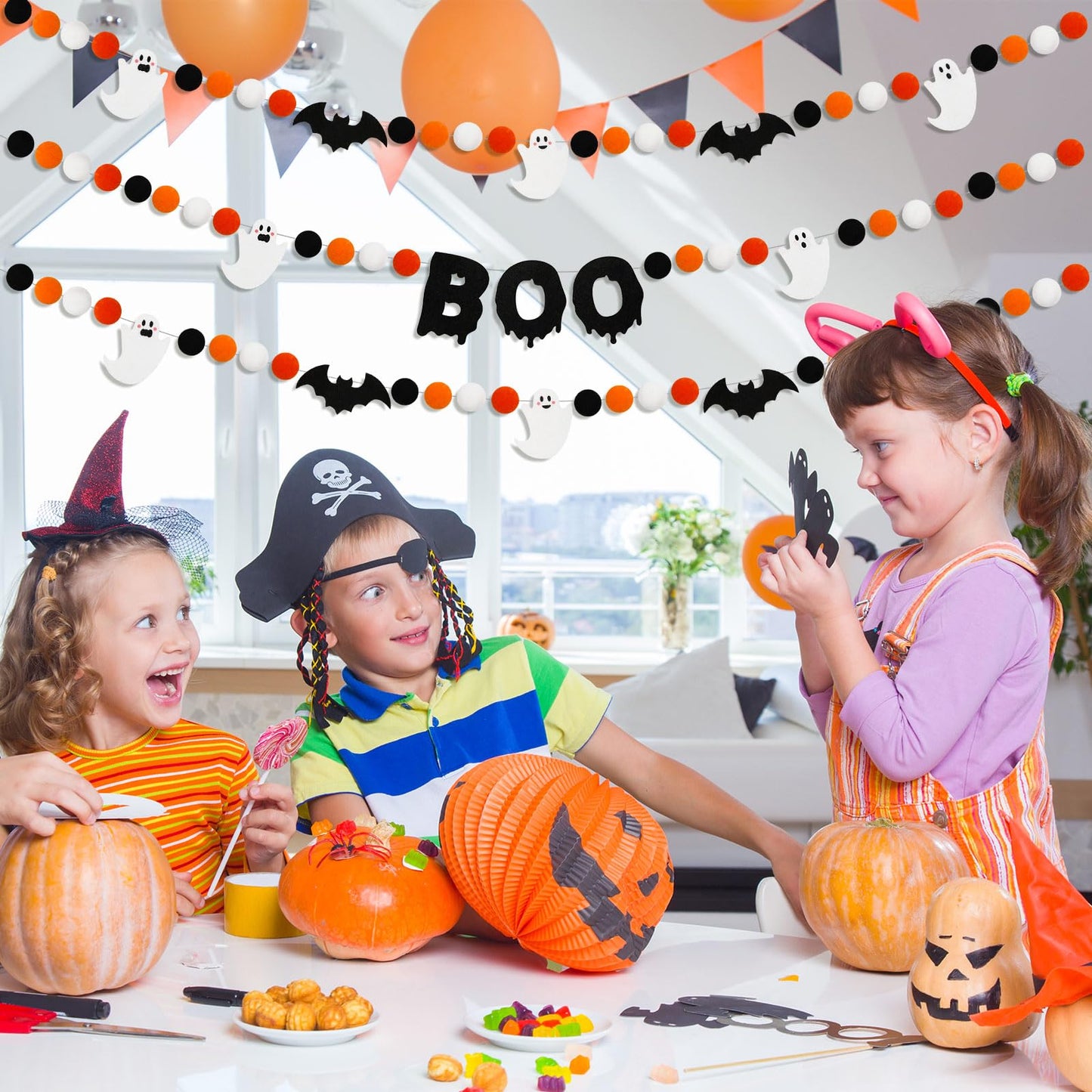 JarThenaAMCS 3Pcs Halloween Felt Garland Ghost Boo Bat Hanging Banner Orange Black White Pom Ball Banner for Haunted House Home Wall Mantle Decor