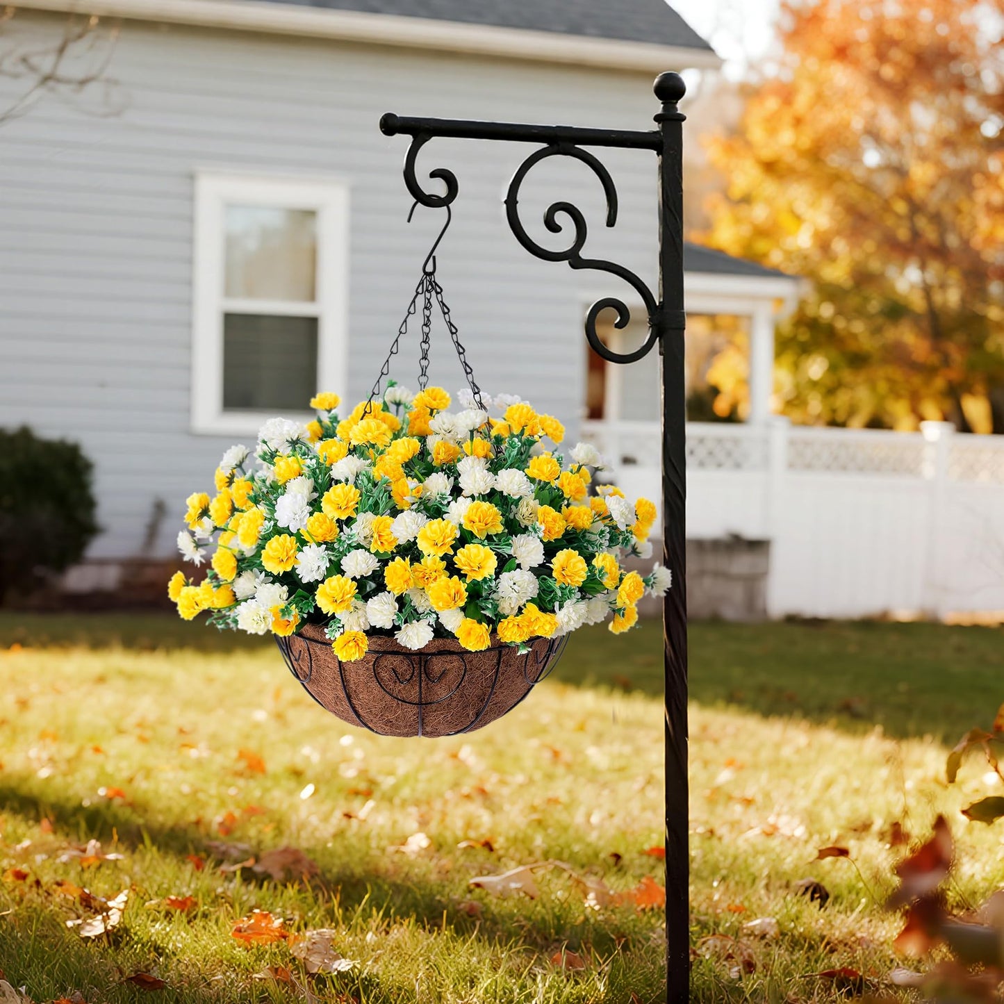 Artificial Hanging Flowers Basket for Spring Outdoors Decoration, Silk Mums Fake Flowers UV Resistant Look Real Daisy with Coconut Lining Baskets for Outside Porch Courtyard Decor(Yellow and White)