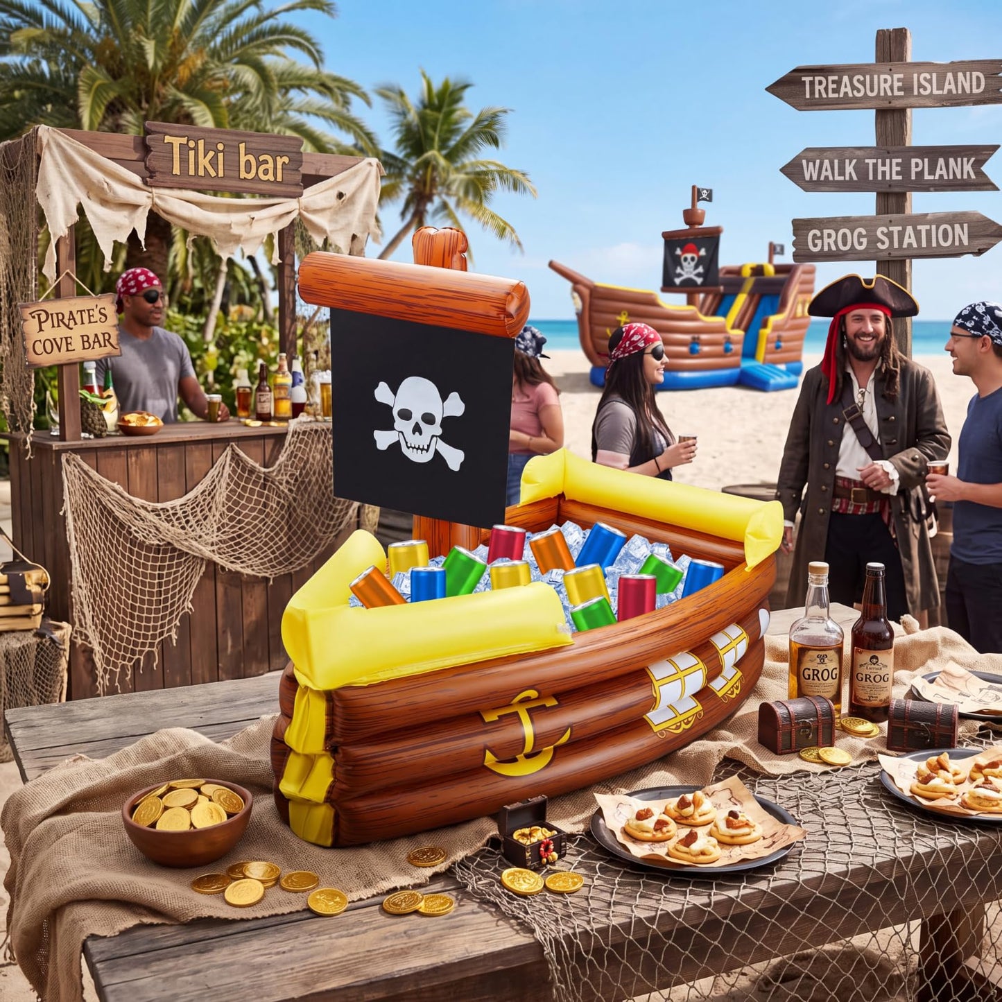 Cunhill Inflatable Pirate Ship Cooler Summer Inflatable Cooler for Birthday Gasparilla Party Decorations Pool Party Supplies Food Tray Beverage Serving Containers Ice Holder
