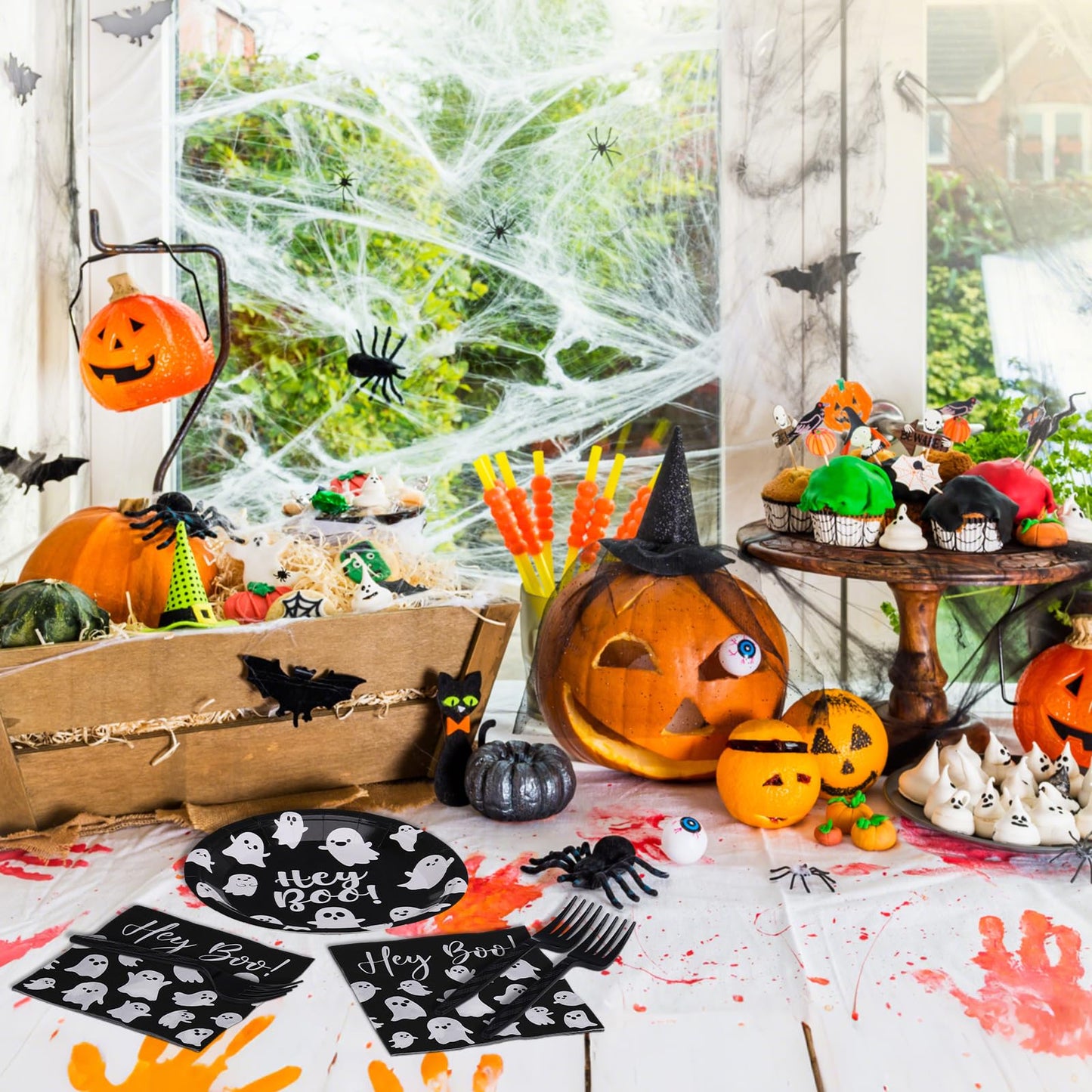 Havawish 122pcs/ 24 Set Halloween Paper Plate and Napkin Hey Boo Tableware Set Include 48 Spooky Black White Ghost Plate 50 Cocktail Napkins 24 Forks for Halloween Birthday Party Decoration, Serve 24