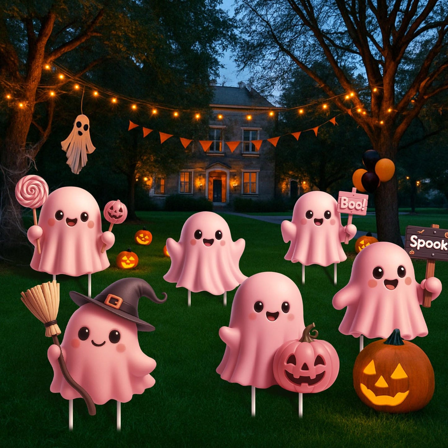 DoubleFill 6 Pcs Halloween Ghost Yard Signs Lawn Outdoor Decorations 3D Ghost Yard Stakes for Halloween Home Front Yard Garden Party Supplies (Pink)