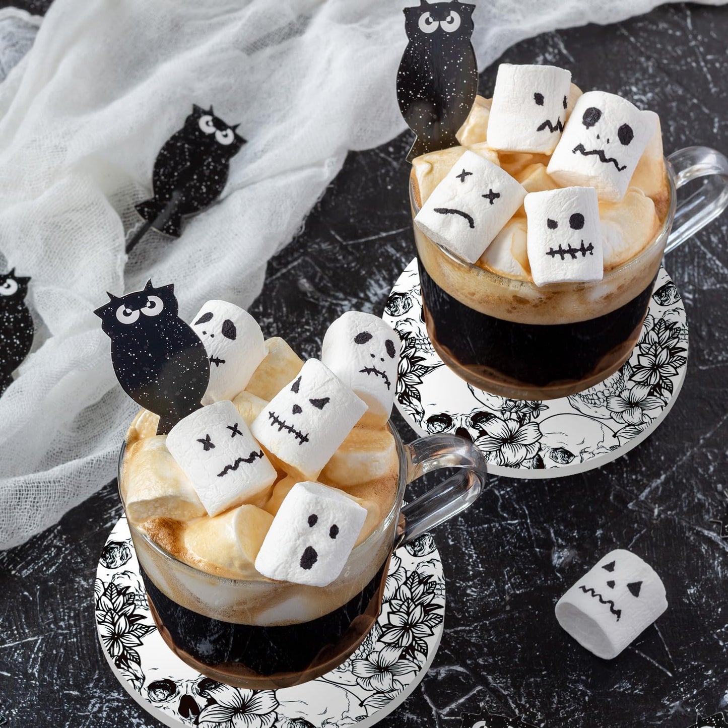 Whaline 6Pcs Halloween Ceramic Coasters with Iron Holder Skull Floral Drink Coasters Absorbent Cup Mat for Mug Cup Home Kitchen Party Table Decor
