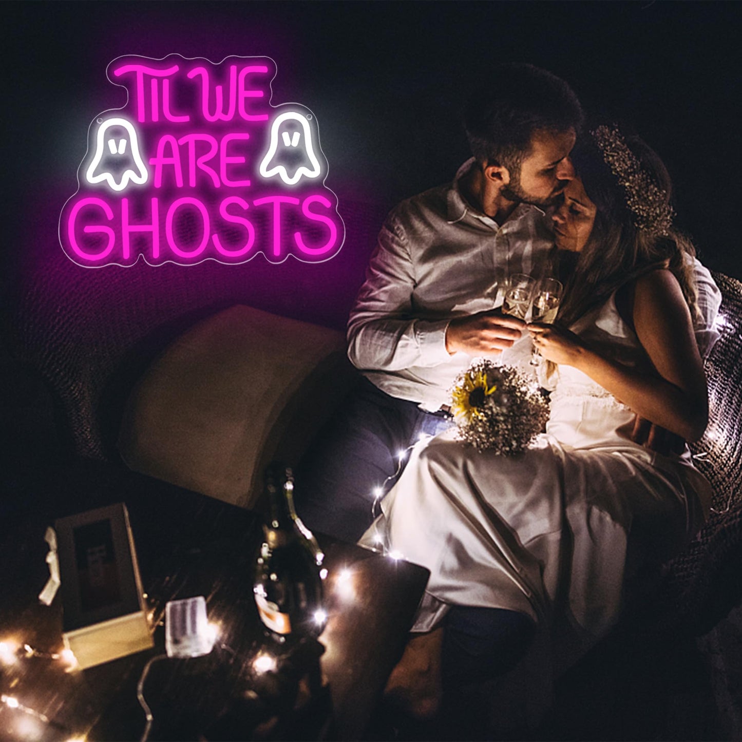 Til We are Ghosts Neon Sign for Wall Decor Gothic LED Neon Signs Pink Wedding Sign Wedding Decor for Bedroom Valentine's Day Birthday Halloween Bar Haunted Mansion Gifts for Lovers 13.7*10.1in(XD328)