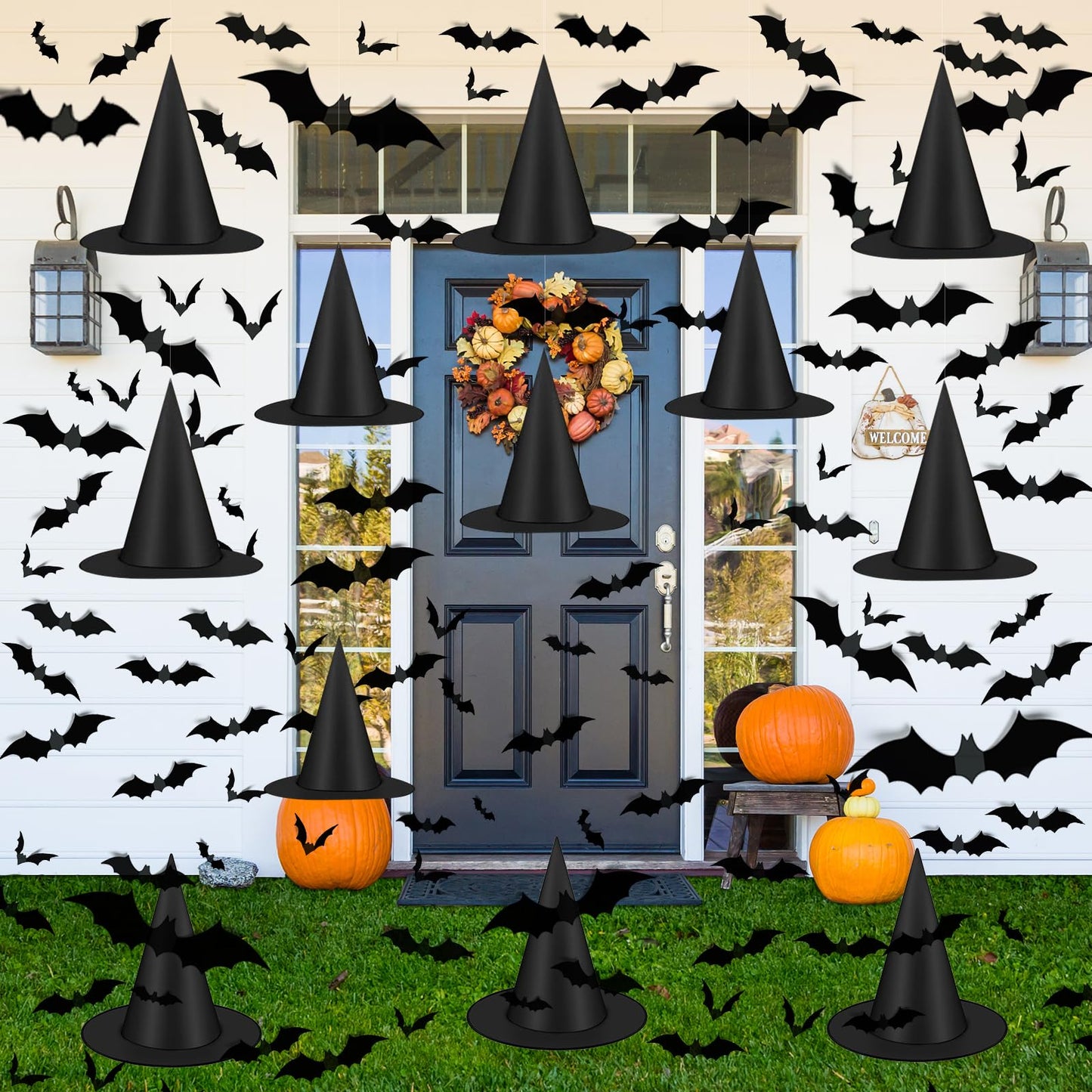 Famoby 12pcs Halloween Black Witch Hat with 157 FT Nylon Cord &120pcs Bat Sticker for Indoor Outdoor Home Yard Porch Ceiling Halloween Party Decorations