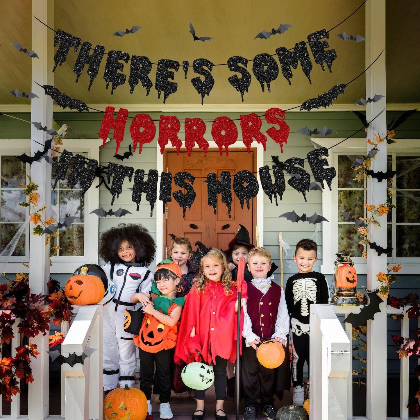 Halloween Party Decorations, There's Some Horrors in This House Banner - Fufuddz Funny Glitter Bloody Scary Happy Birthday Garland with Bat Stickers Trunk or Treat Bachelorette Supplies