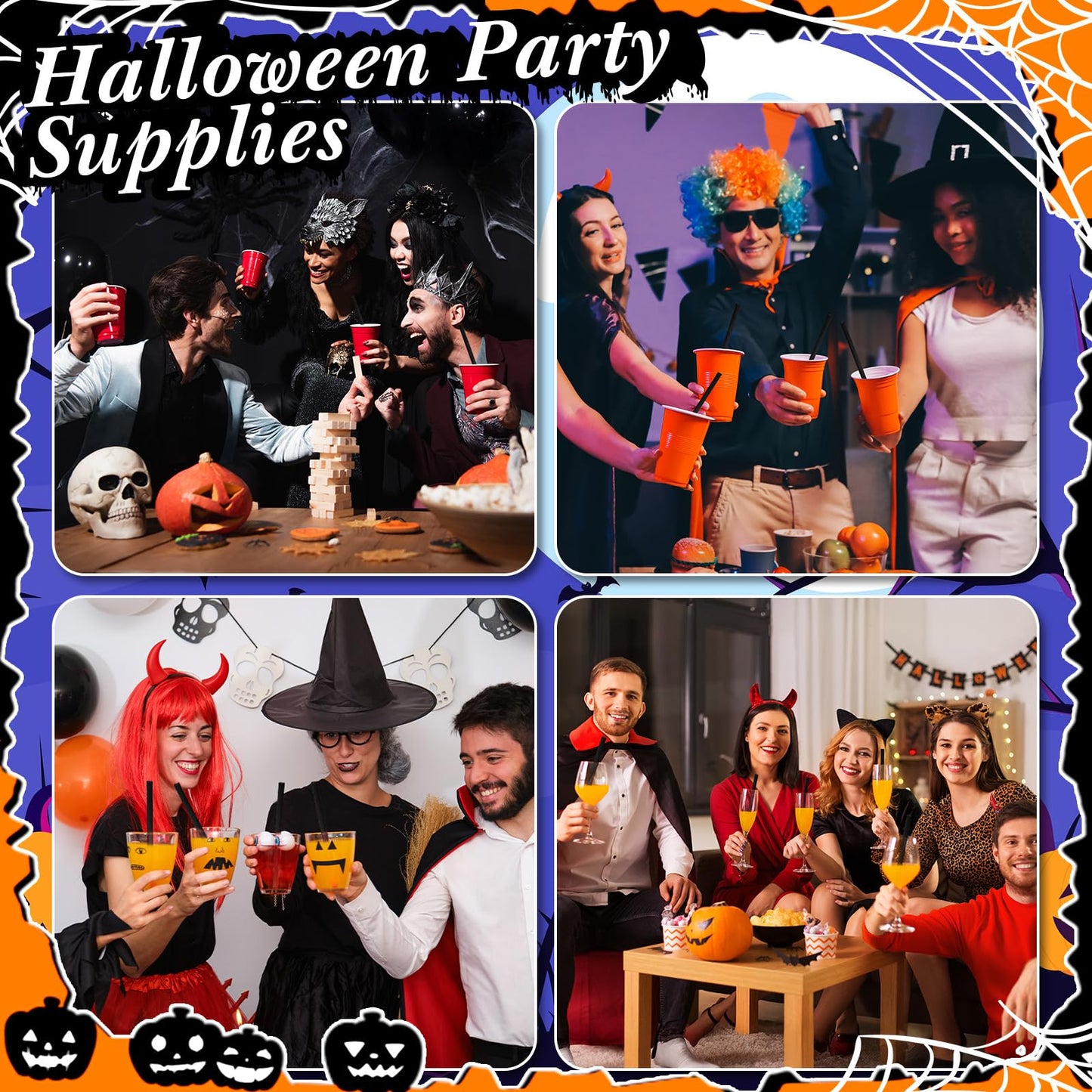 Potchen 100 Pcs Plastic Straws Disposable Drinking Straw Bulk for Cocktail Summer Wedding Birthday Party Spooky Party Supplies(Black,Ghost)
