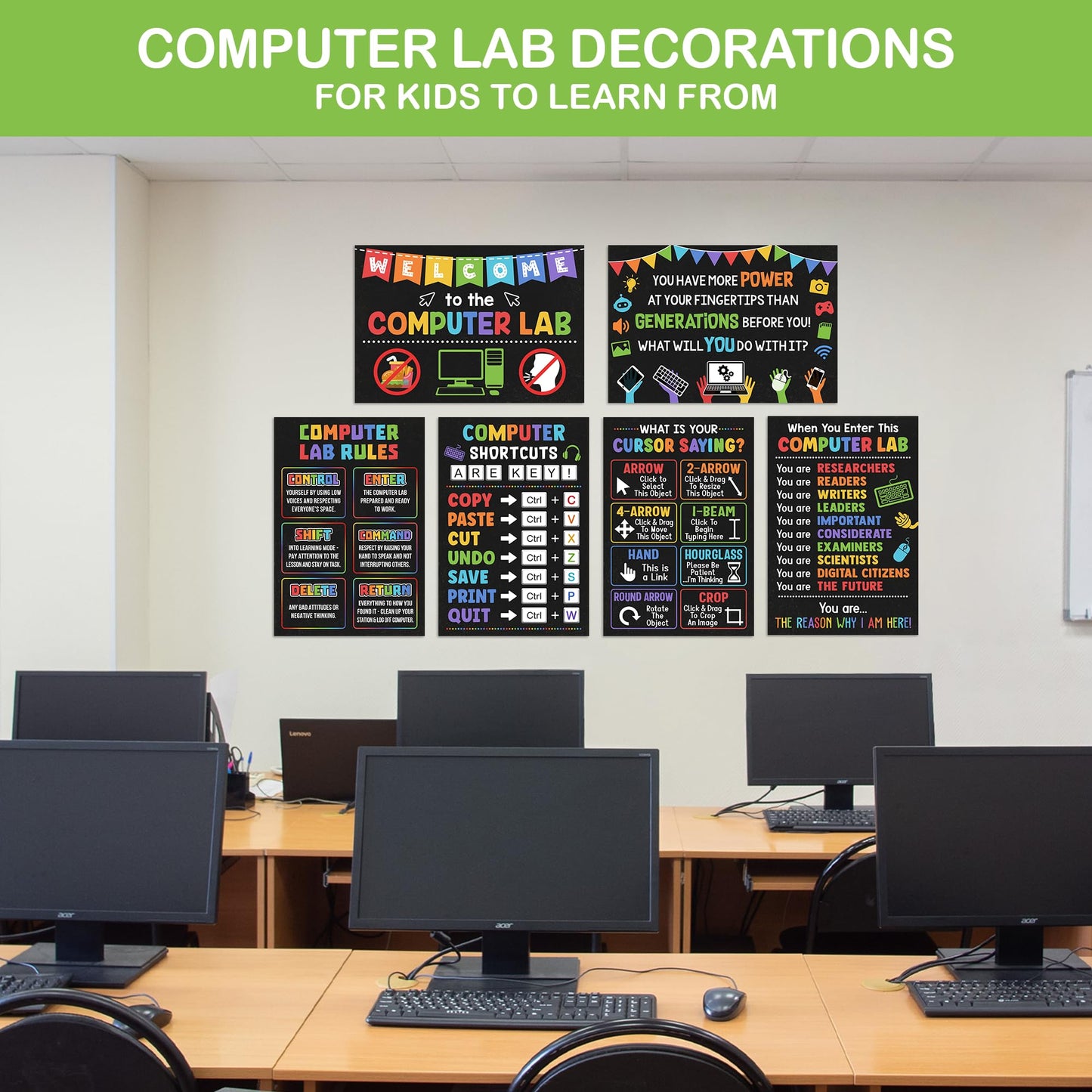 Lalunia 6 Pcs Computer Science Classroom Poster (11x16) - Computer Lab Posters, Teachers Supplies PC Shortcuts, Stem Technology Education Chart, PC Keyboard Wall Art For Kids, Back To School Gifts