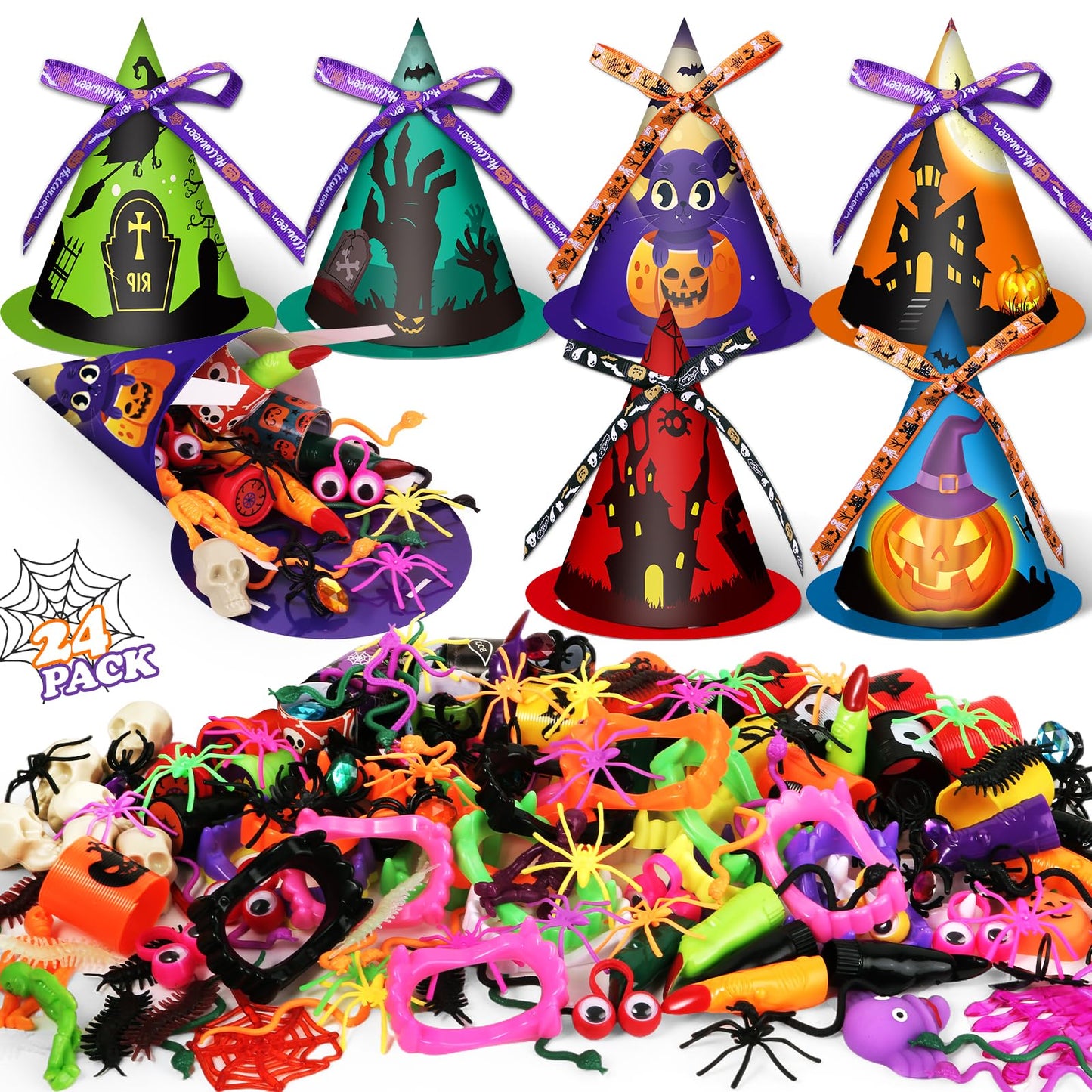 234 PCS Halloween Party Favors for Kids,24 Pack Witch Hat Shaped Goodie bag Stuffers with Non-Candy Trick Or Treat Toys Bulk,Goodie Bags Basket Stuffers,Classroom Favors Gifts for Boys Girls