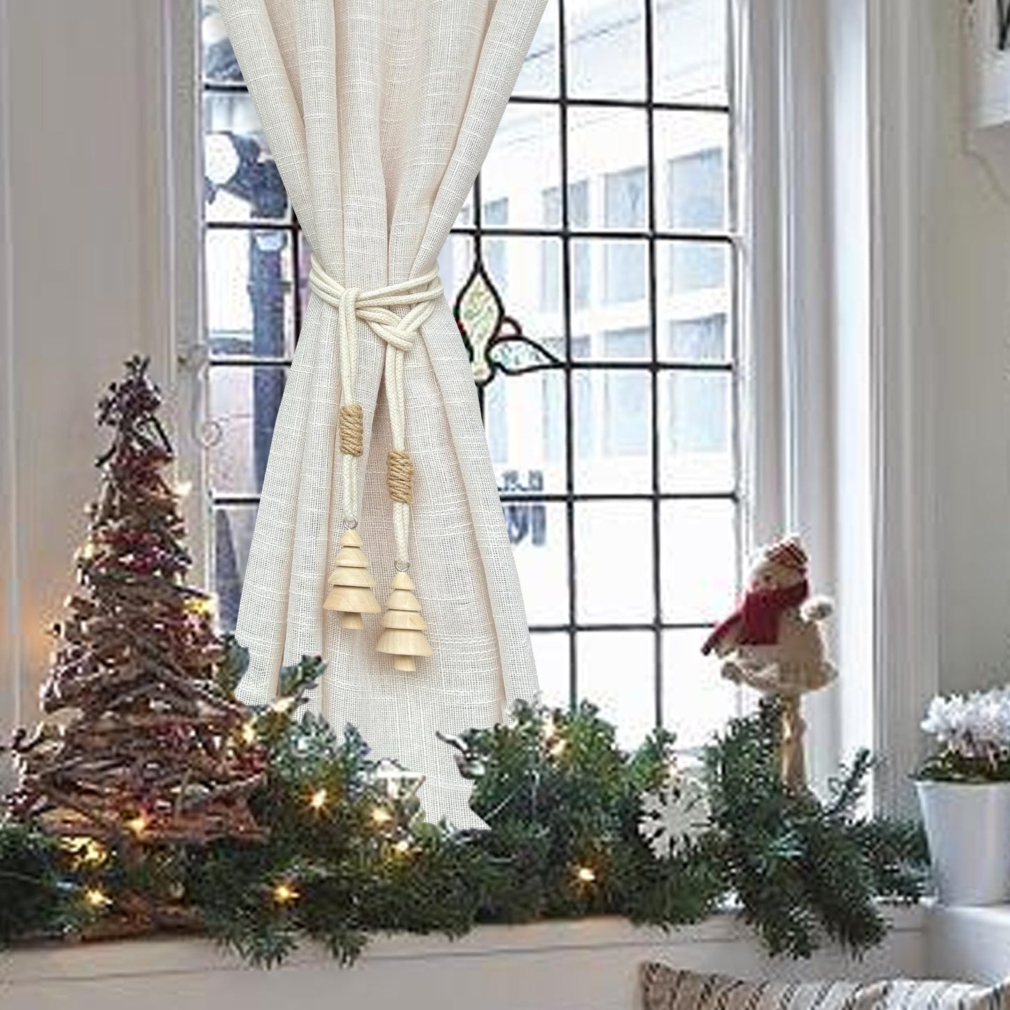Curtain Tiebacks Farmhouse Holdbacks for Drapes, Boho Tie Backs for Curtains, Cotton Rope with Woody Christmas Tree for Home Decor, Natural Shabby Chic Drapery Holder, Pack-2
