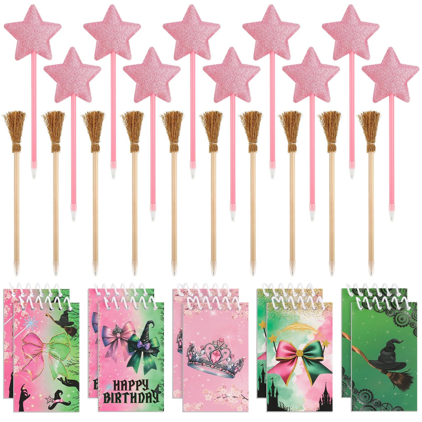 libfrnt 40 Pcs Princess and Witch Party Favors Include 10 Witch Broom Pencils 10 Pink Star Ballpoints 20 Mini Notebooks for Wizard Birthday Witch Halloween Party Supplies