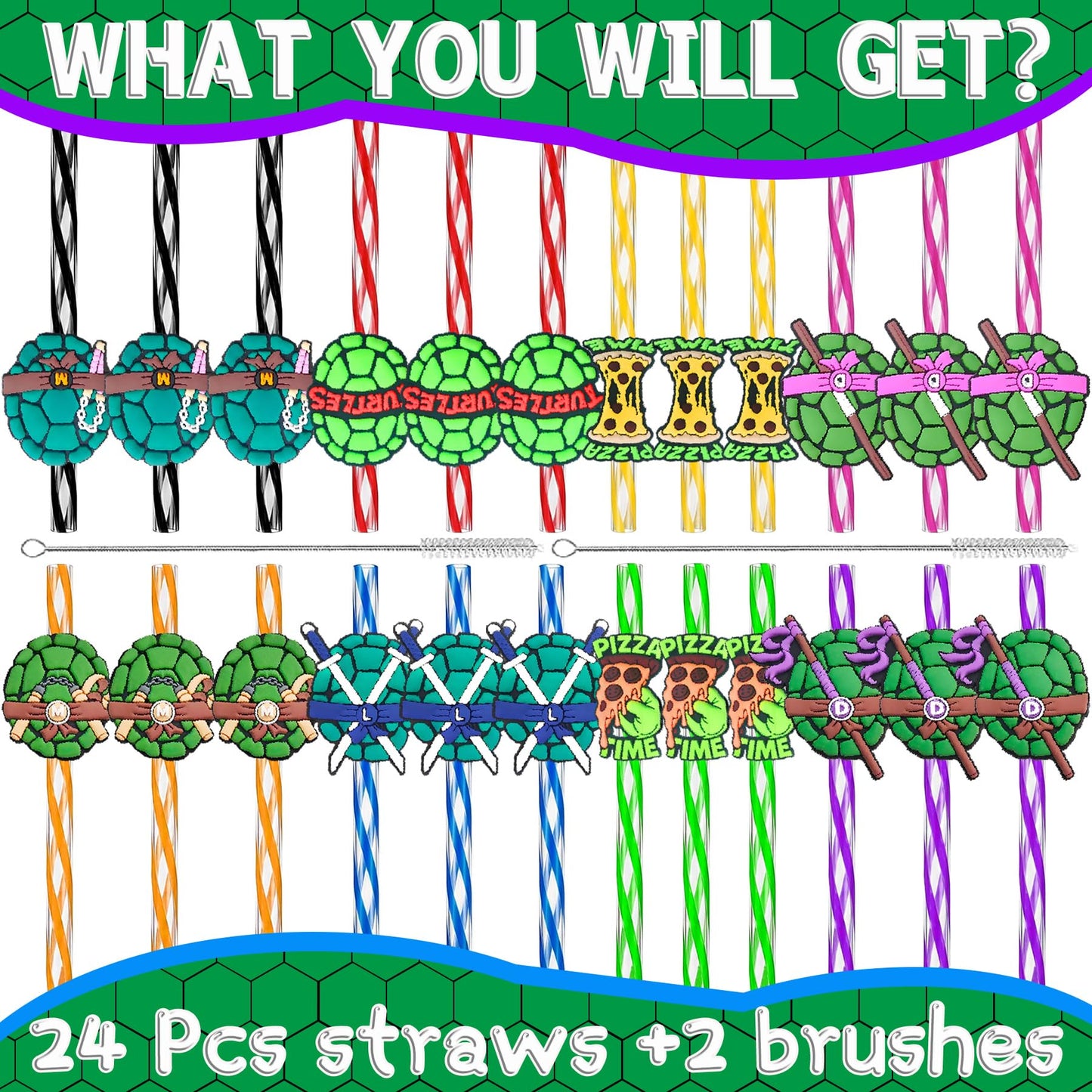 24 Green Turtles Birthday Party Decorations - Reusable Fun Plastic Straws for Kids Boys Girls Cartoon Pizza Turtle Party Favors - Cute Drinking Straws for Teenage Party Supplies Decor + 2 Brushes