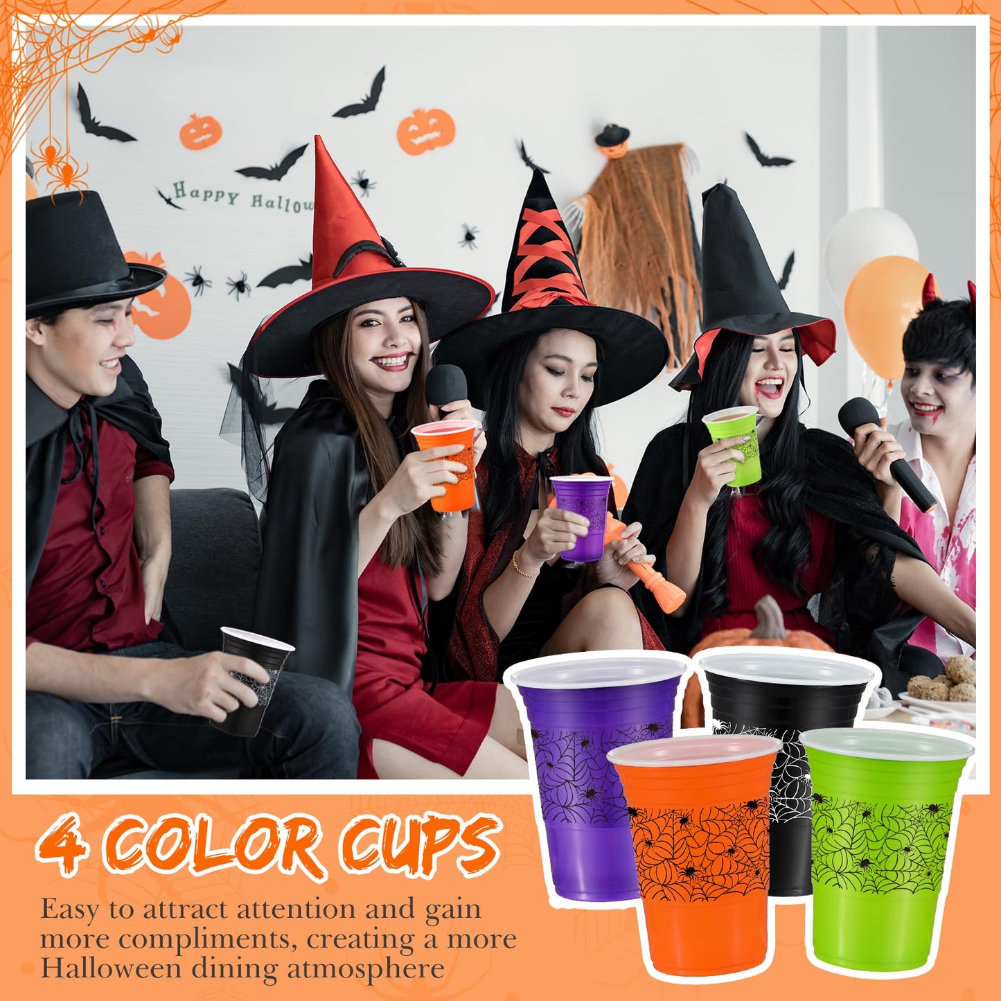 Pickmesh 120 Pcs Halloween Plastic Cups 16 oz Disposable Coffee Cup Spider Web Decoration Hot Cold Drink Wine for Halloween Party Favors Supplies