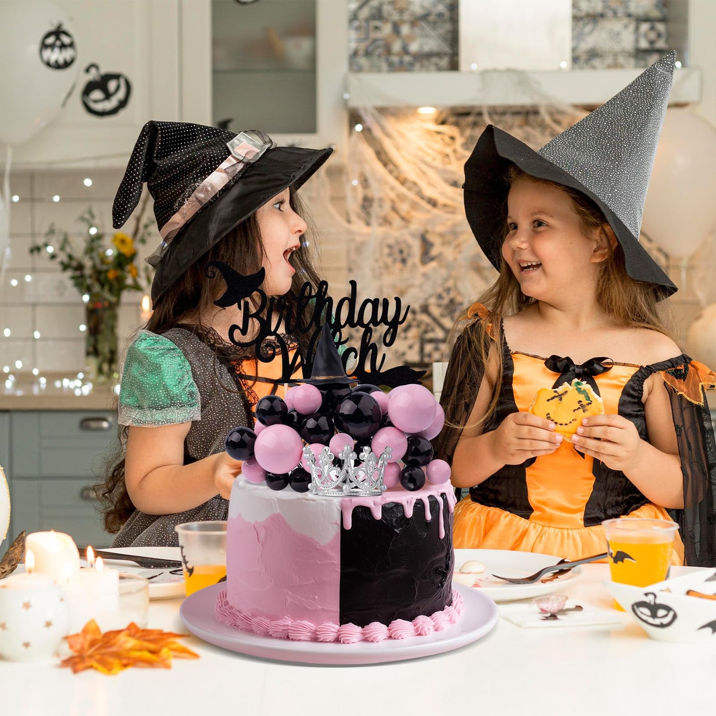 35 Pcs Wicked Party Decorations Supplies Witch Cake Topper Set with Crown Witch Hat Non Edible Cupcake Toppers for Pink and Green Birthday Decoration