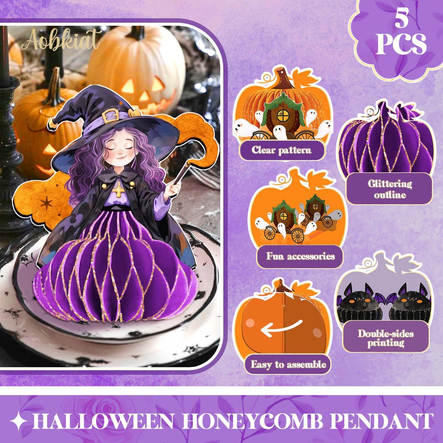 AOBKIAT Halloween Party Decorations,5PCS Hanging Honeycomb Ornaments