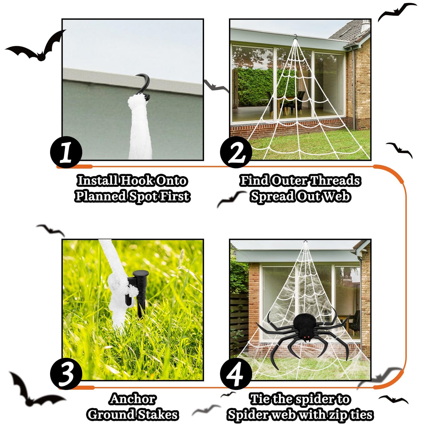 Halloween Decorations Spider Web, 40'' Inflatables Giant Spider + 200'' Triangular Giant Spider Web + 20G Spider Web, Scary Hairy Fake Halloween Spiders Props for Indoor Outdoor Party Halloween Yard.