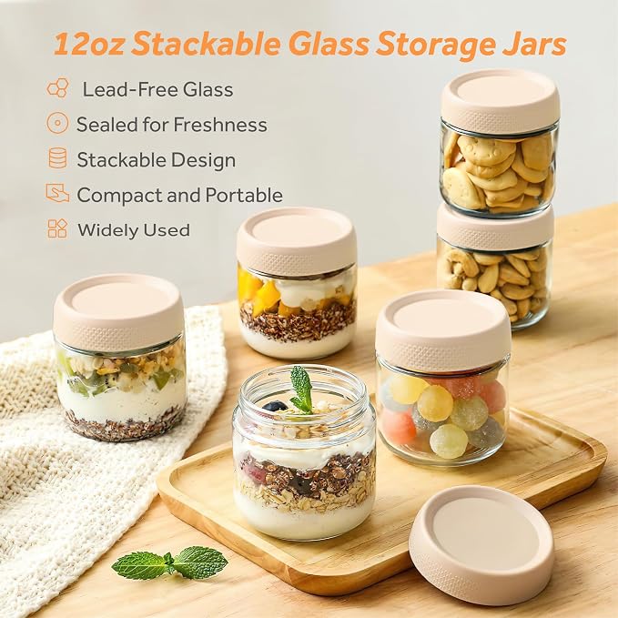 4 Pack Glass Clear Storage Canister with Airtight Lid, 12oz Overnight Oats Containers, Small Cute Decorative Pantry Jar for Snacks, Yogurt, Cereal, Fruit, Salad, Spice, Sugar, Coffee - Beige